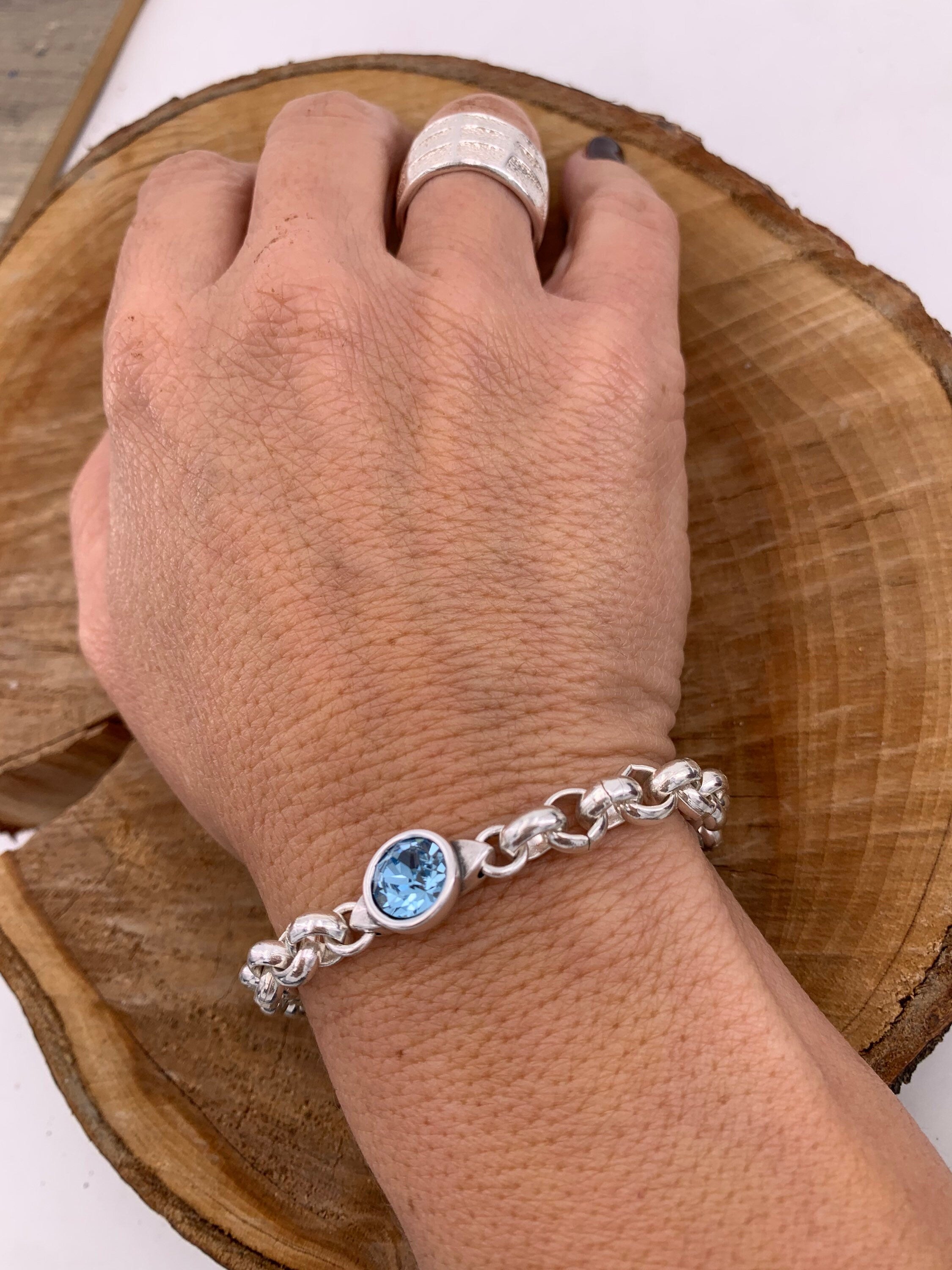 pulsera de cristal Swarovsky de cadena gruesa, pulsera de cadena de plata, pulsera de cadena audaz, pulsera de declaración, estilo, regalo de mujer,