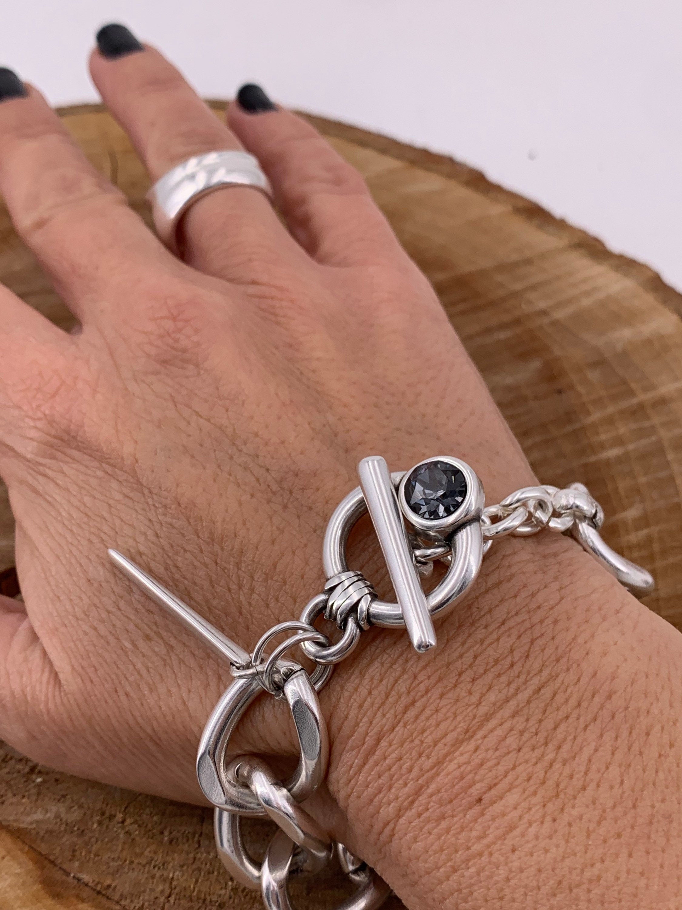 Very thick silver chain bracelet, statement bracelet, silver chain Swarovski bracelet, chunky bracelet, rock bracelet,