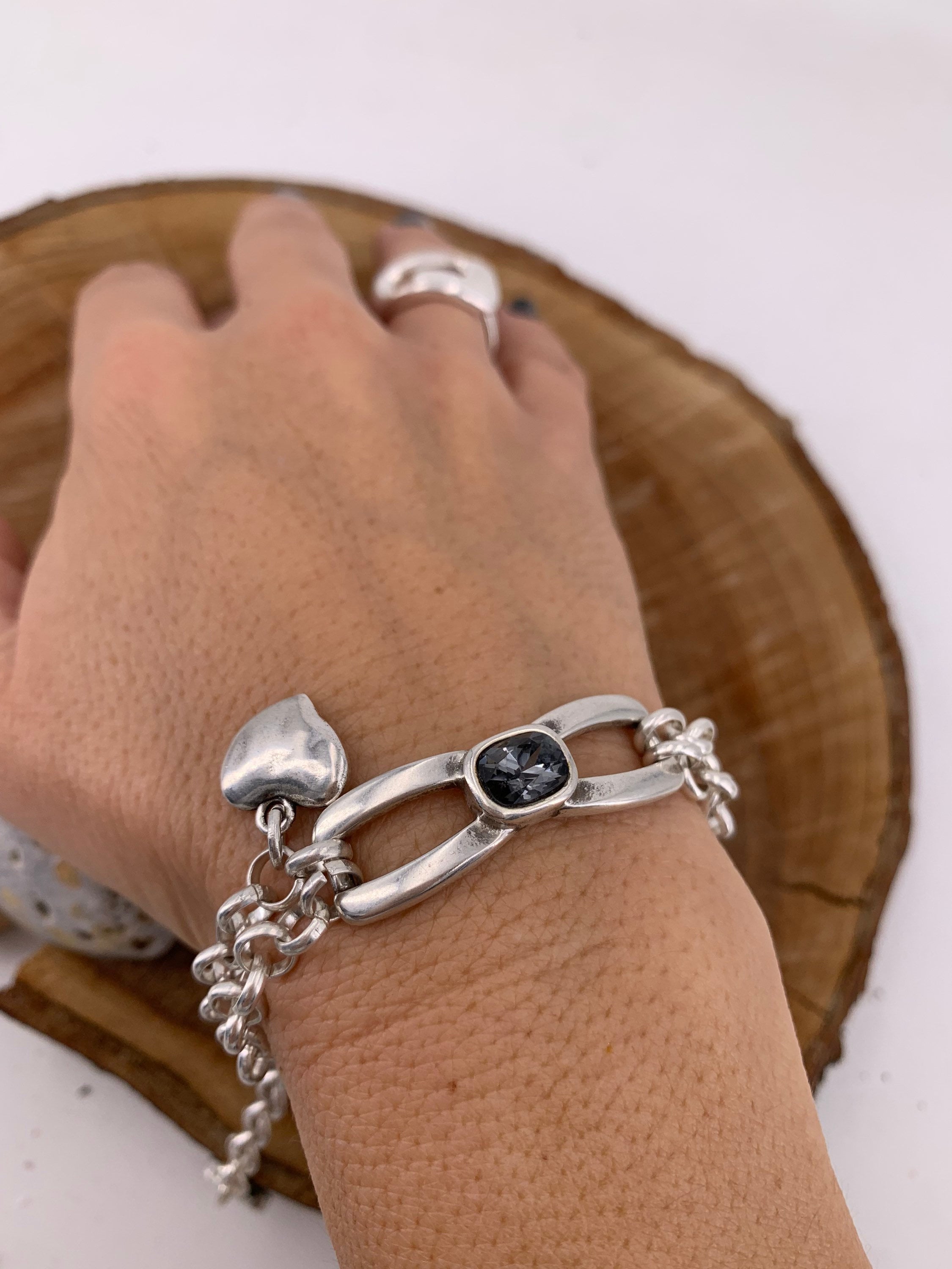 Silver chain bracelet, doble chain statement bracelet, silver chain Swarovski bracelet, chunky bracelet, rock bracelet,