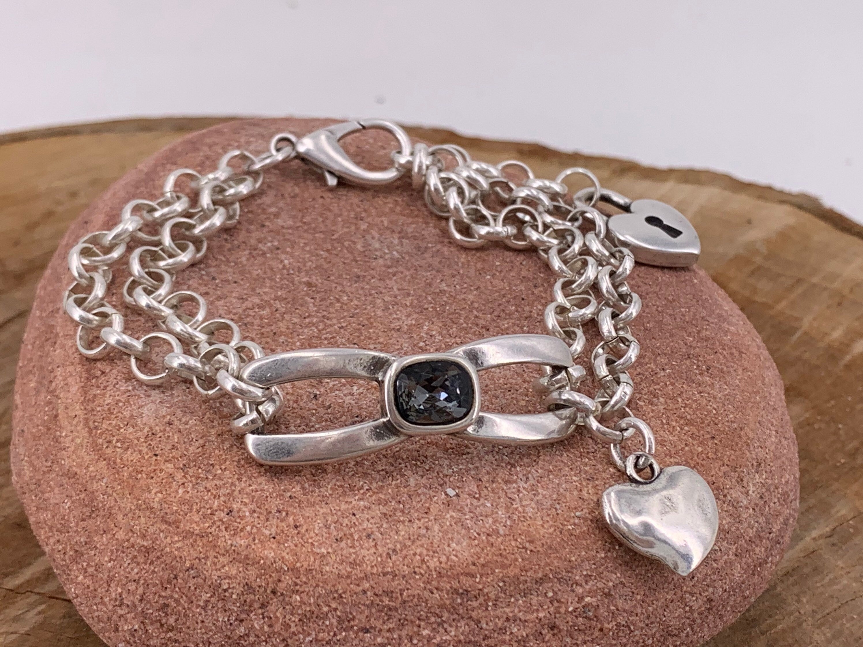 Silver chain bracelet, doble chain statement bracelet, silver chain Swarovski bracelet, chunky bracelet, rock bracelet,