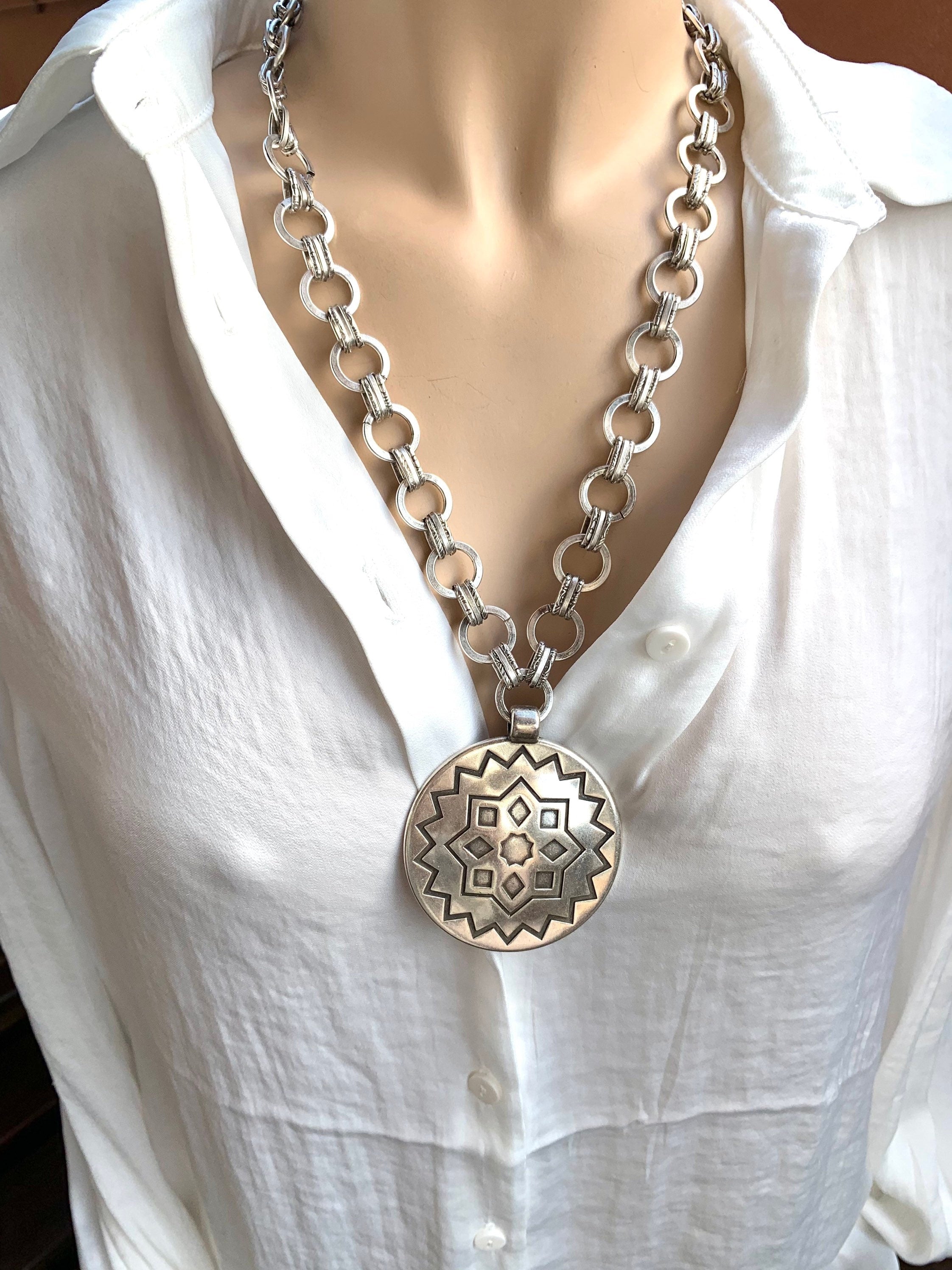 Bold chain large necklace, statement pendant necklace, chunky necklace, design chain necklace, silver chain necklace,   style