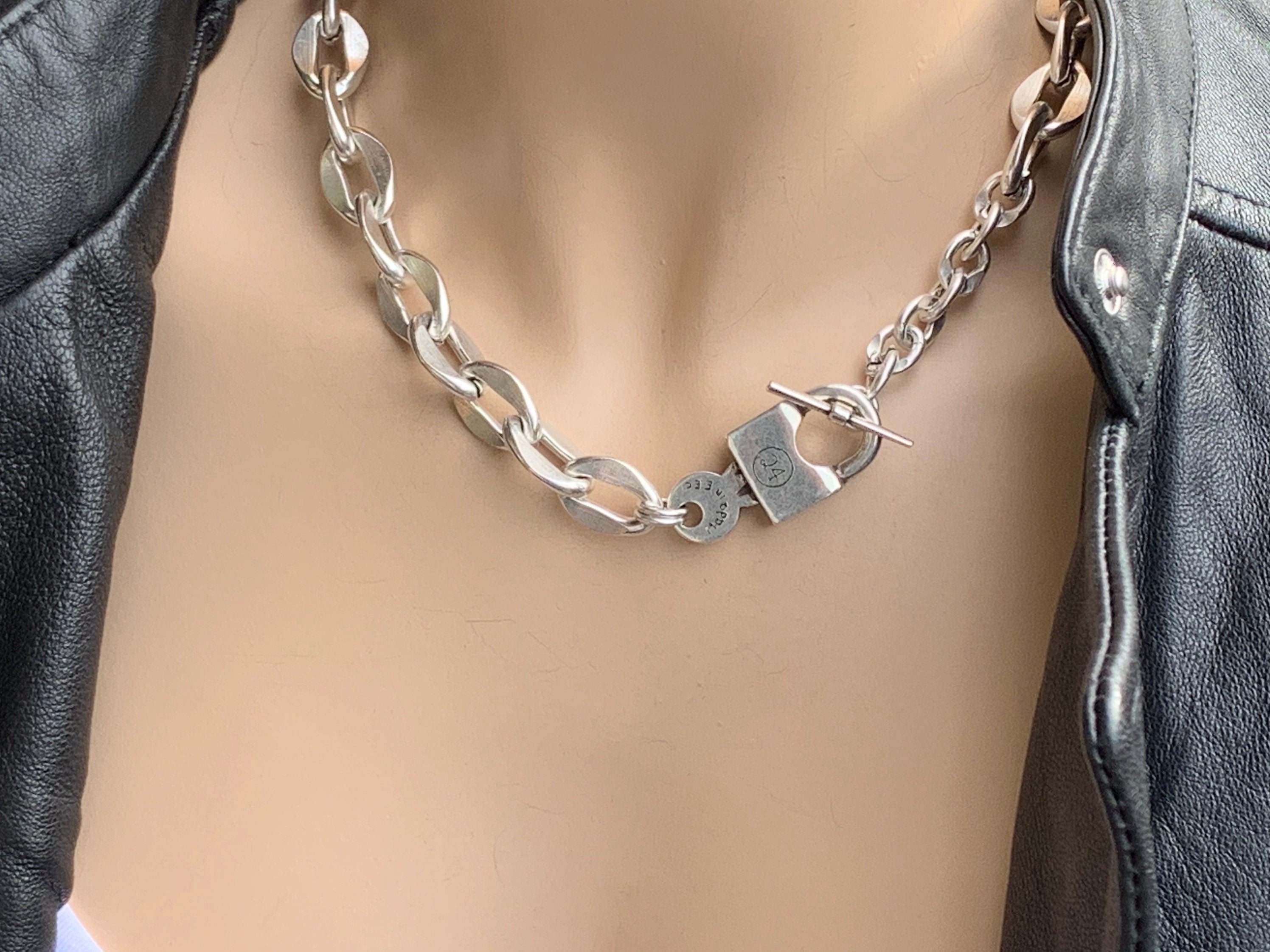 Thick chain silver choker , statement choker, silver chain statement necklace, chunky necklace, key and padlock necklace ,