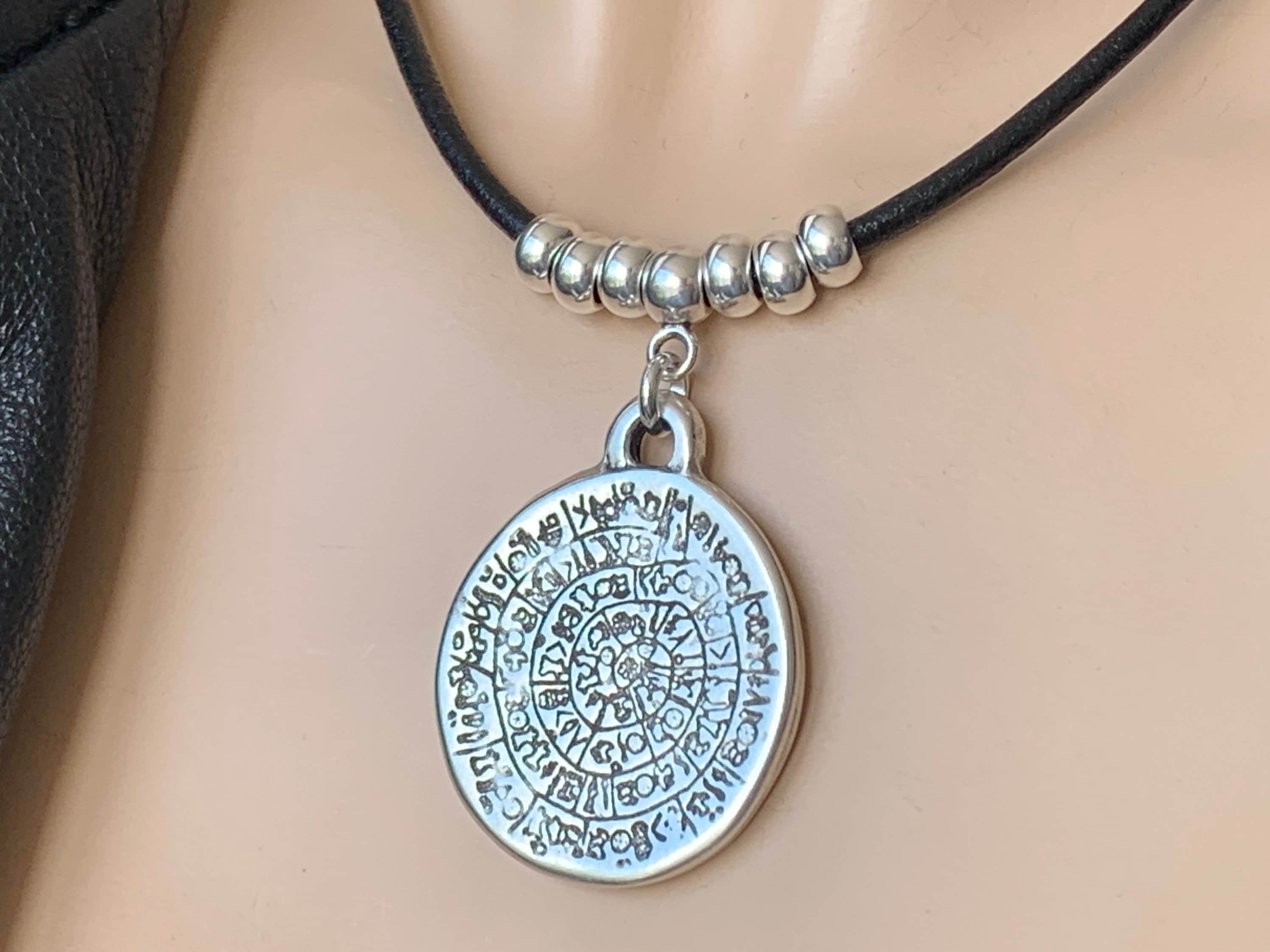 statement pendant leather choker, large coin pendant necklace, boho choker, silver beads leather necklace, horoscope choker,