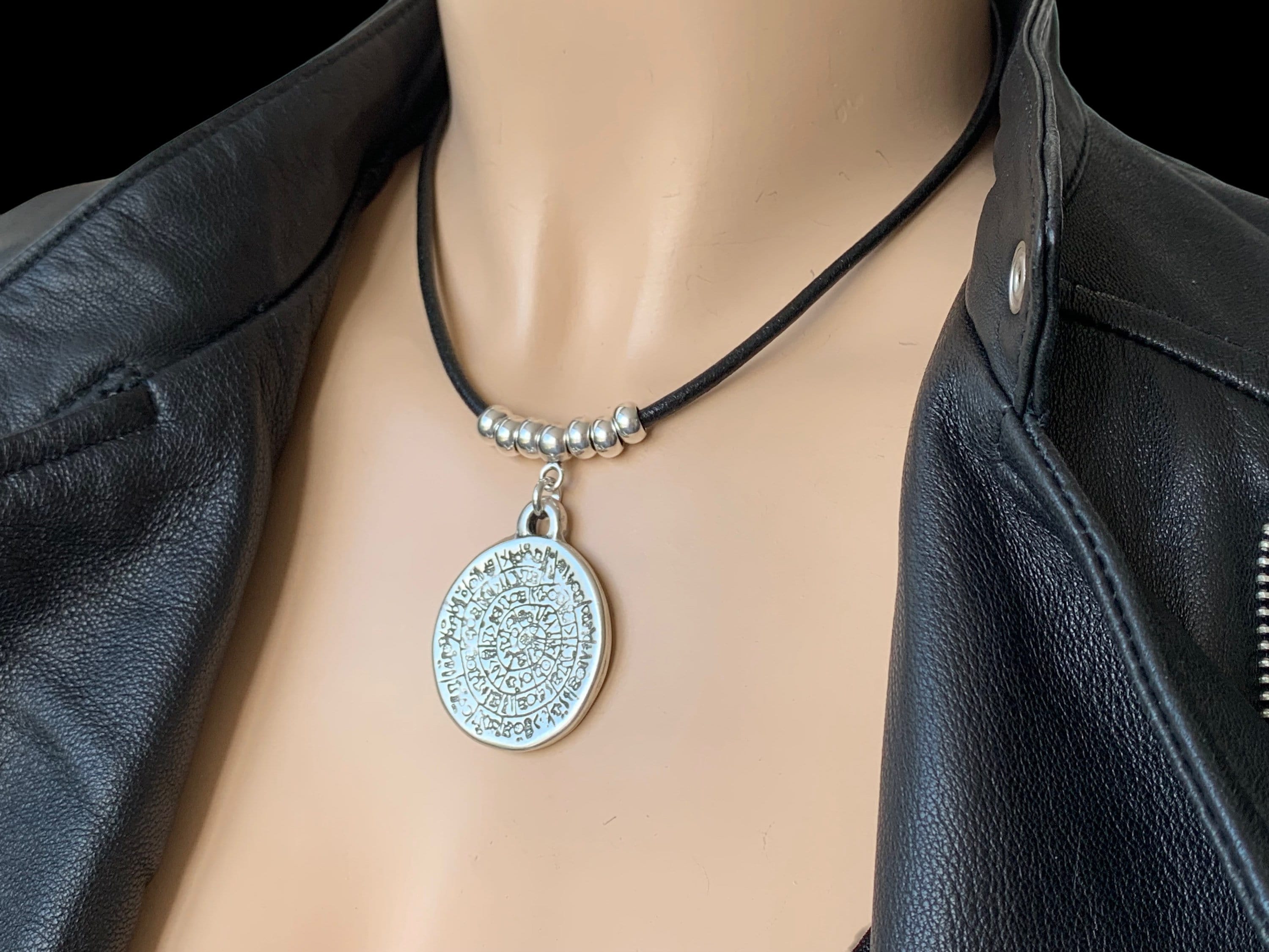 statement pendant leather choker, large coin pendant necklace, boho choker, silver beads leather necklace, horoscope choker,