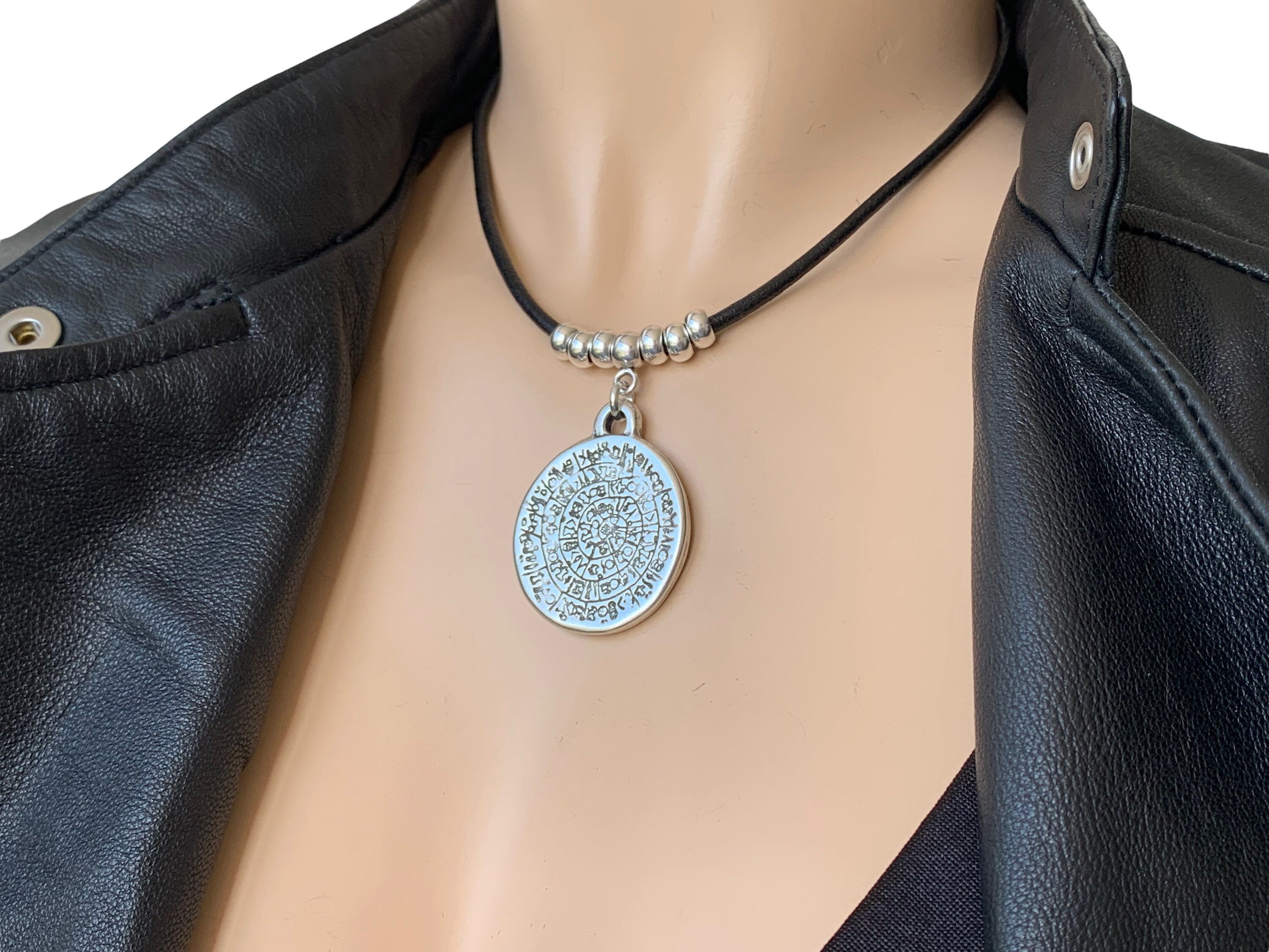 statement pendant leather choker, large coin pendant necklace, boho choker, silver beads leather necklace, horoscope choker,