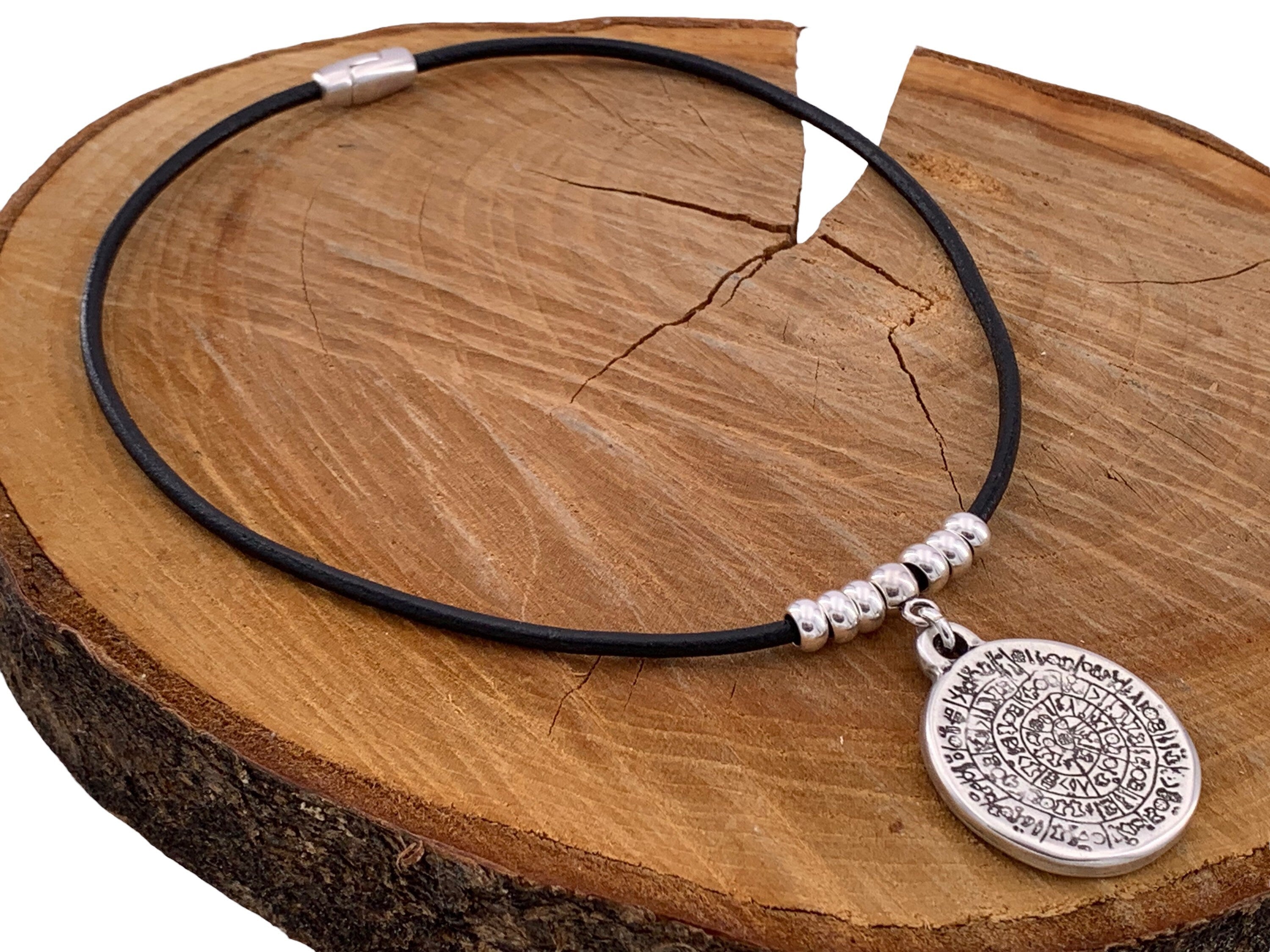 statement pendant leather choker, large coin pendant necklace, boho choker, silver beads leather necklace, horoscope choker,