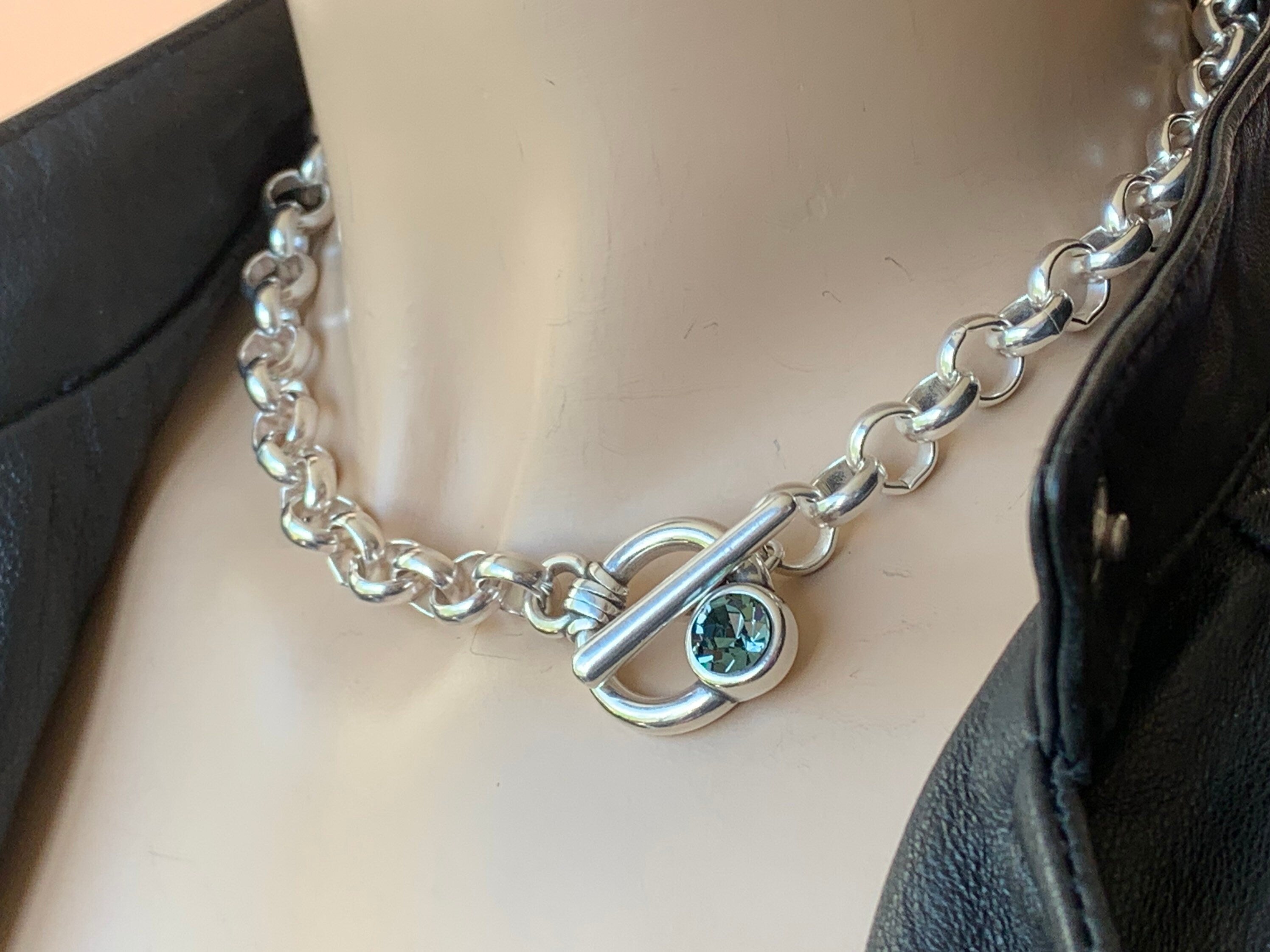 silver chunky necklace, rolo chain necklace with toggle clasp and swarovski crystal, silver chunky necklace, thick links silver chain choker