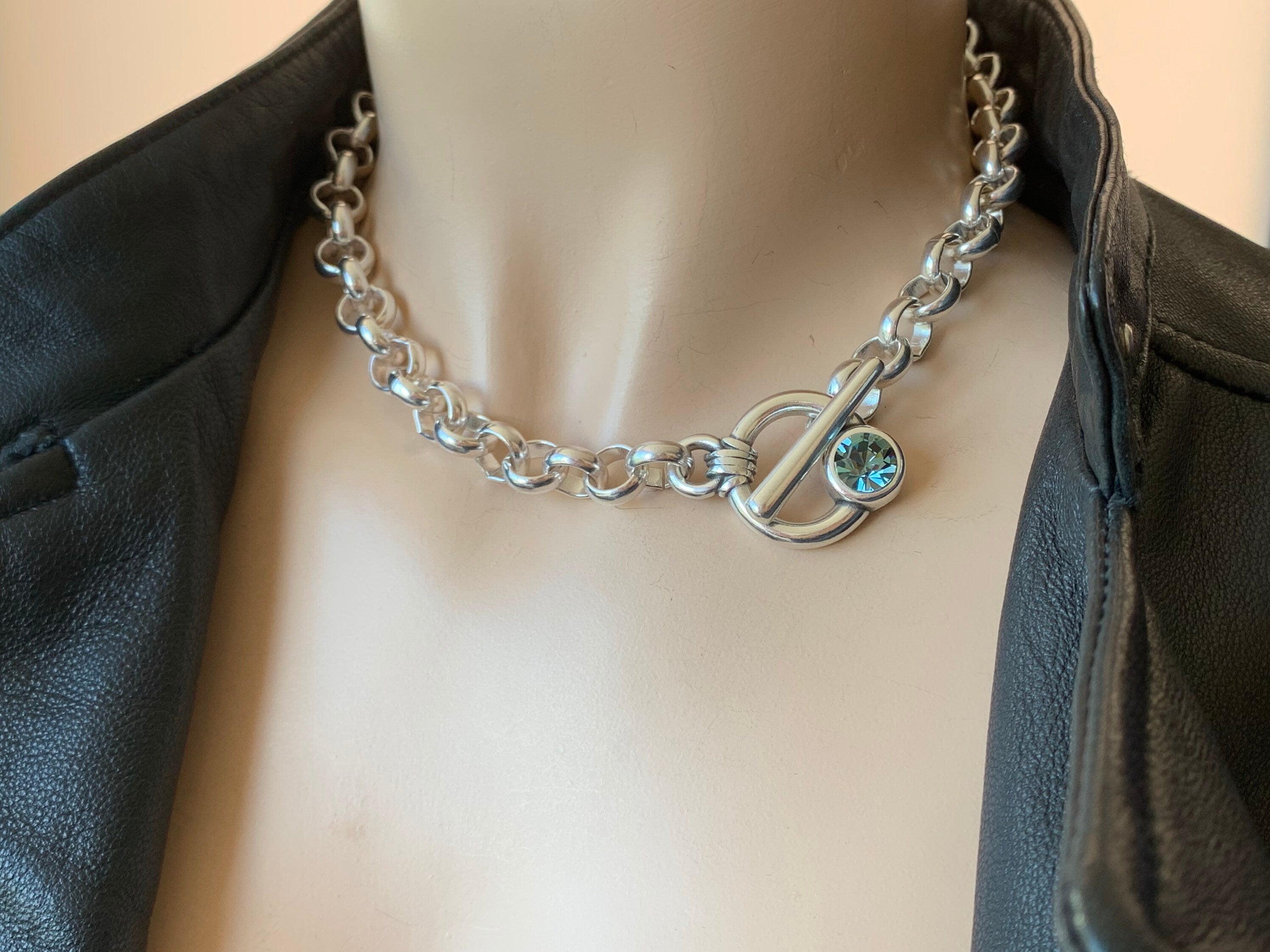 silver chunky necklace, rolo chain necklace with toggle clasp and swarovski crystal, silver chunky necklace, thick links silver chain choker