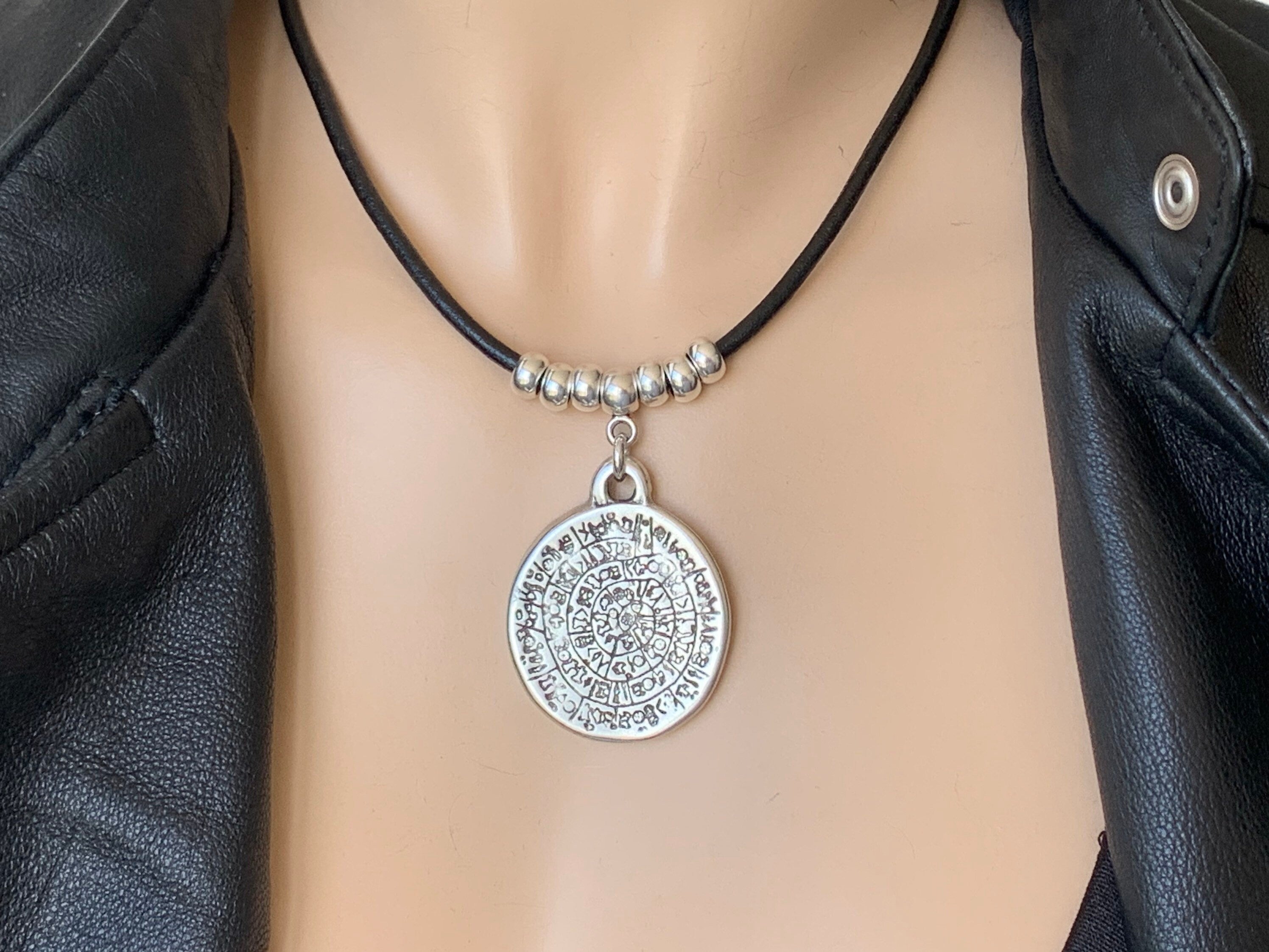 statement pendant leather choker, large coin pendant necklace, boho choker, silver beads leather necklace, horoscope choker,