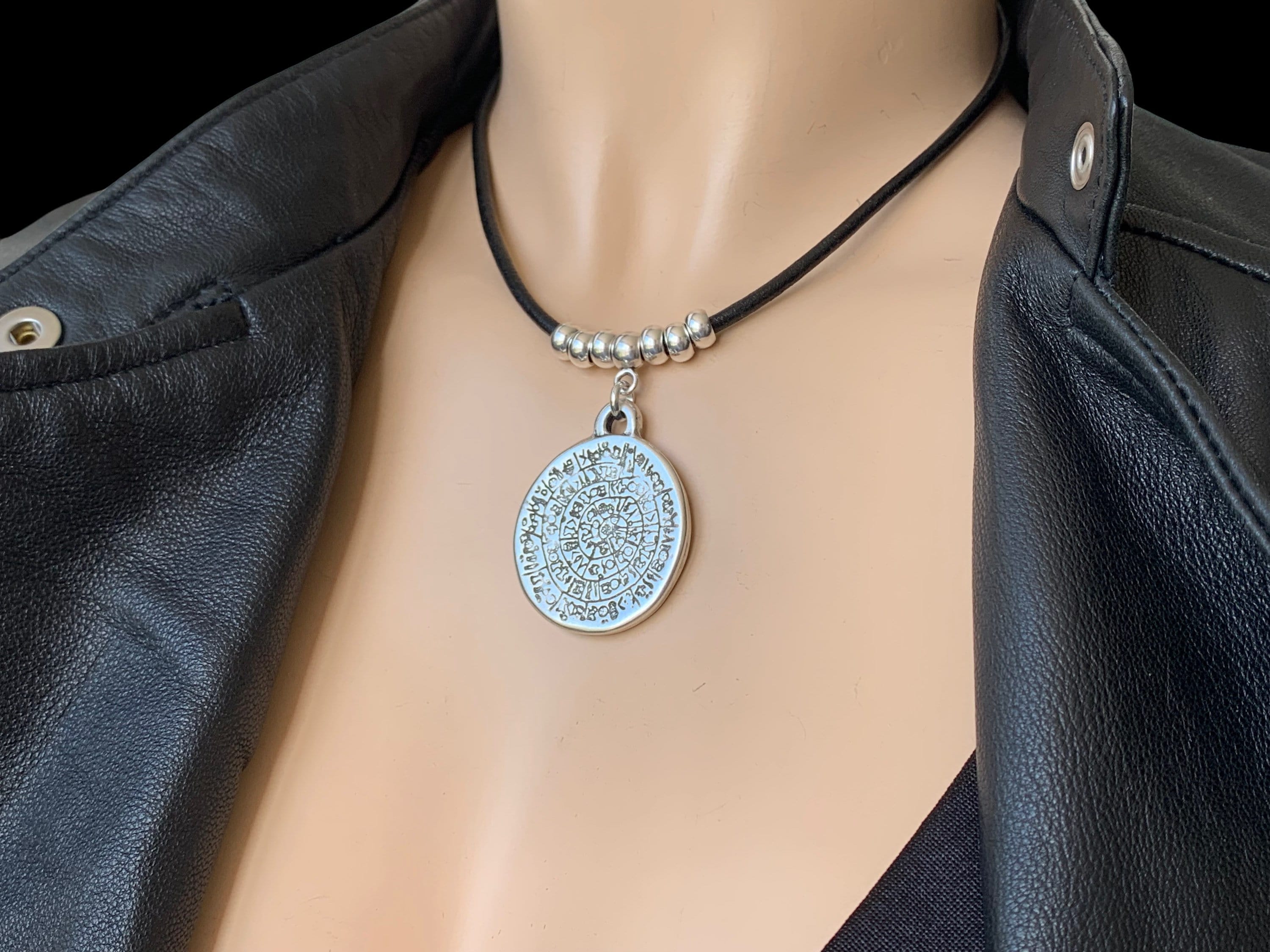 statement pendant leather choker, large coin pendant necklace, boho choker, silver beads leather necklace, horoscope choker,