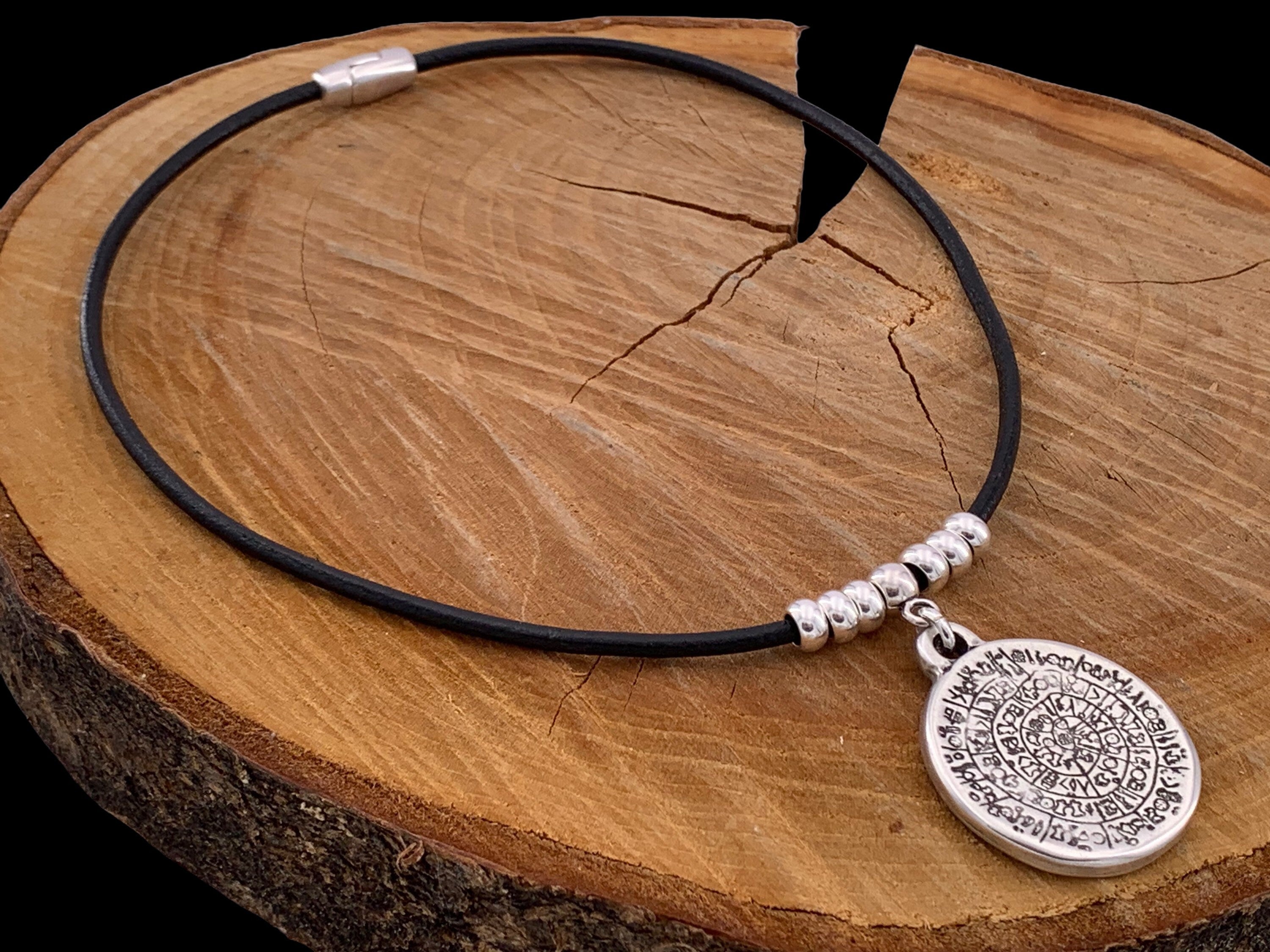 statement pendant leather choker, large coin pendant necklace, boho choker, silver beads leather necklace, horoscope choker,