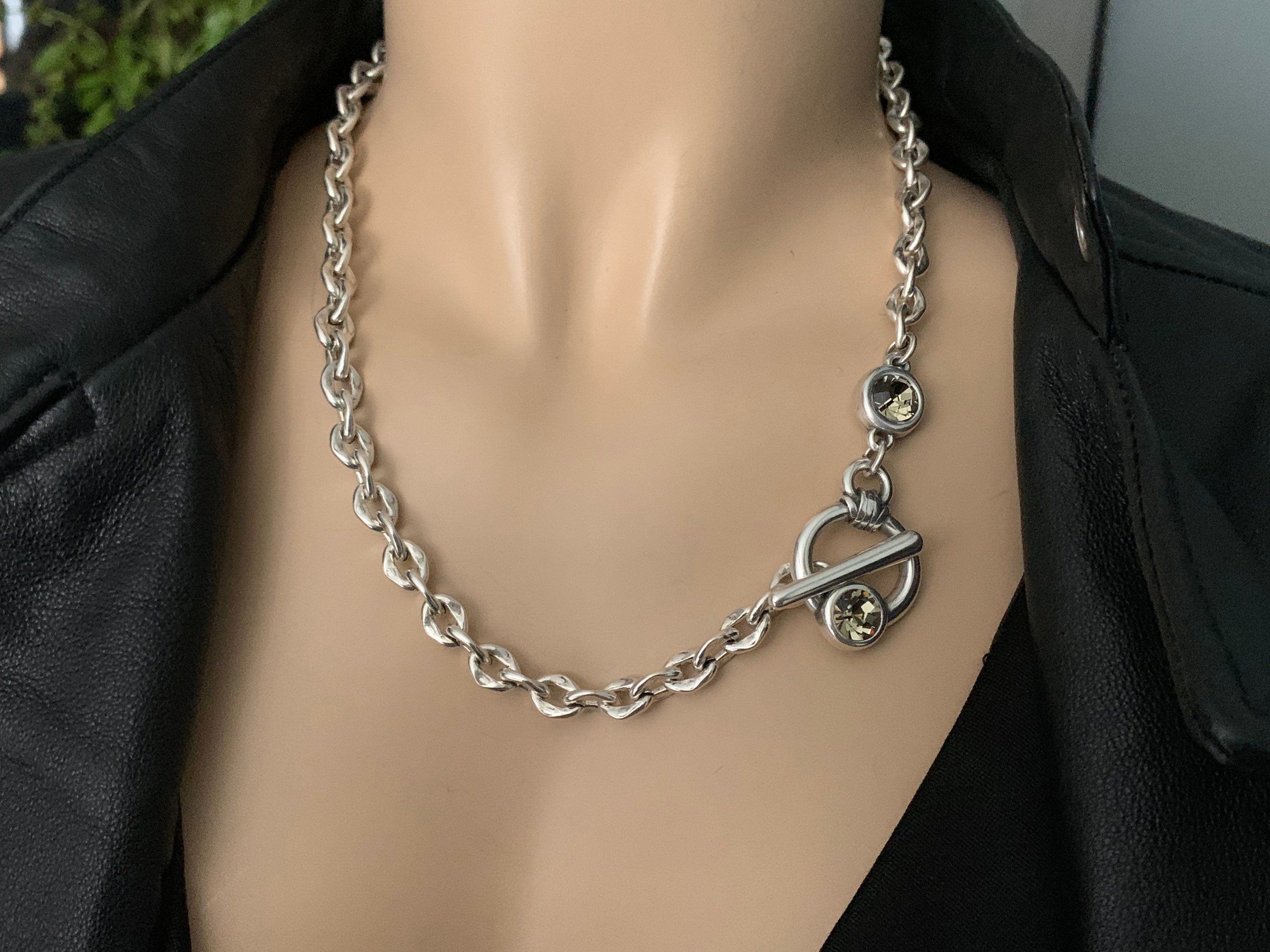 silver chunky necklace, chunky choker, toggle clasp necklace, T clasps choker, Swarovski necklace, curb chain necklace, rolo chain choker