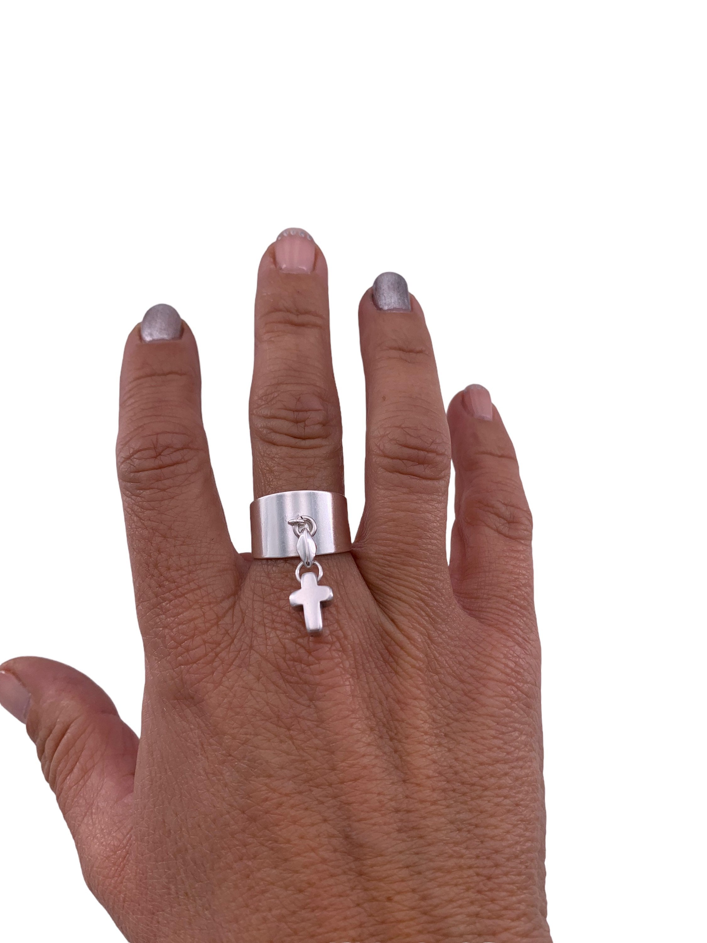 original ring with pendant cross, statement ring, silver ring for women, rock style ring, chunky ring, religious ring,  style