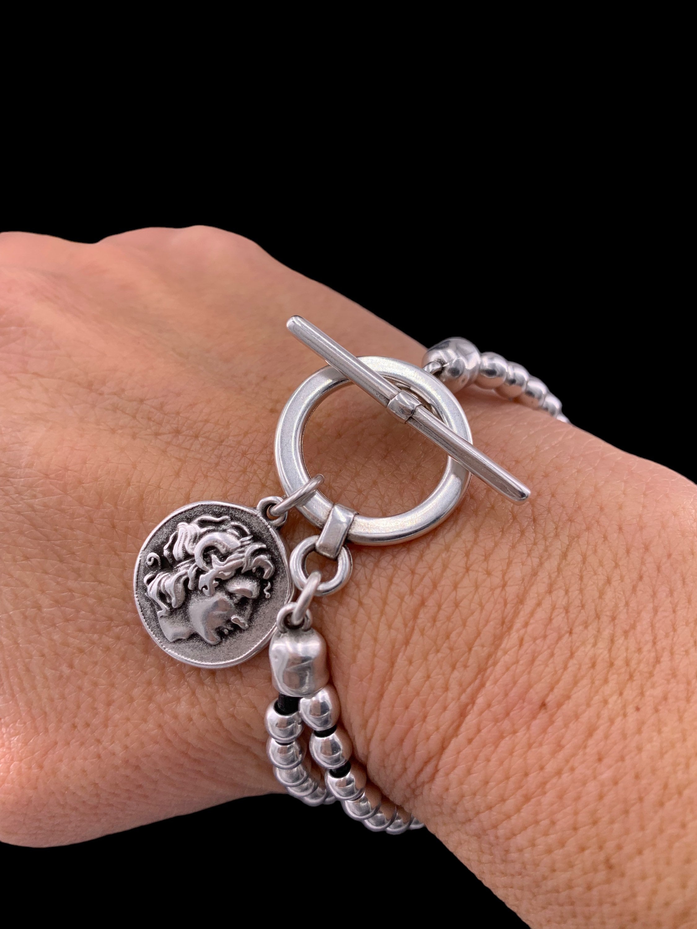 Pulsera de cuero con cuentas de plata mujer, pulsera con cuentas, boho, pulsera de plata, pulsera de plata gruesa, pulsera de mujer,