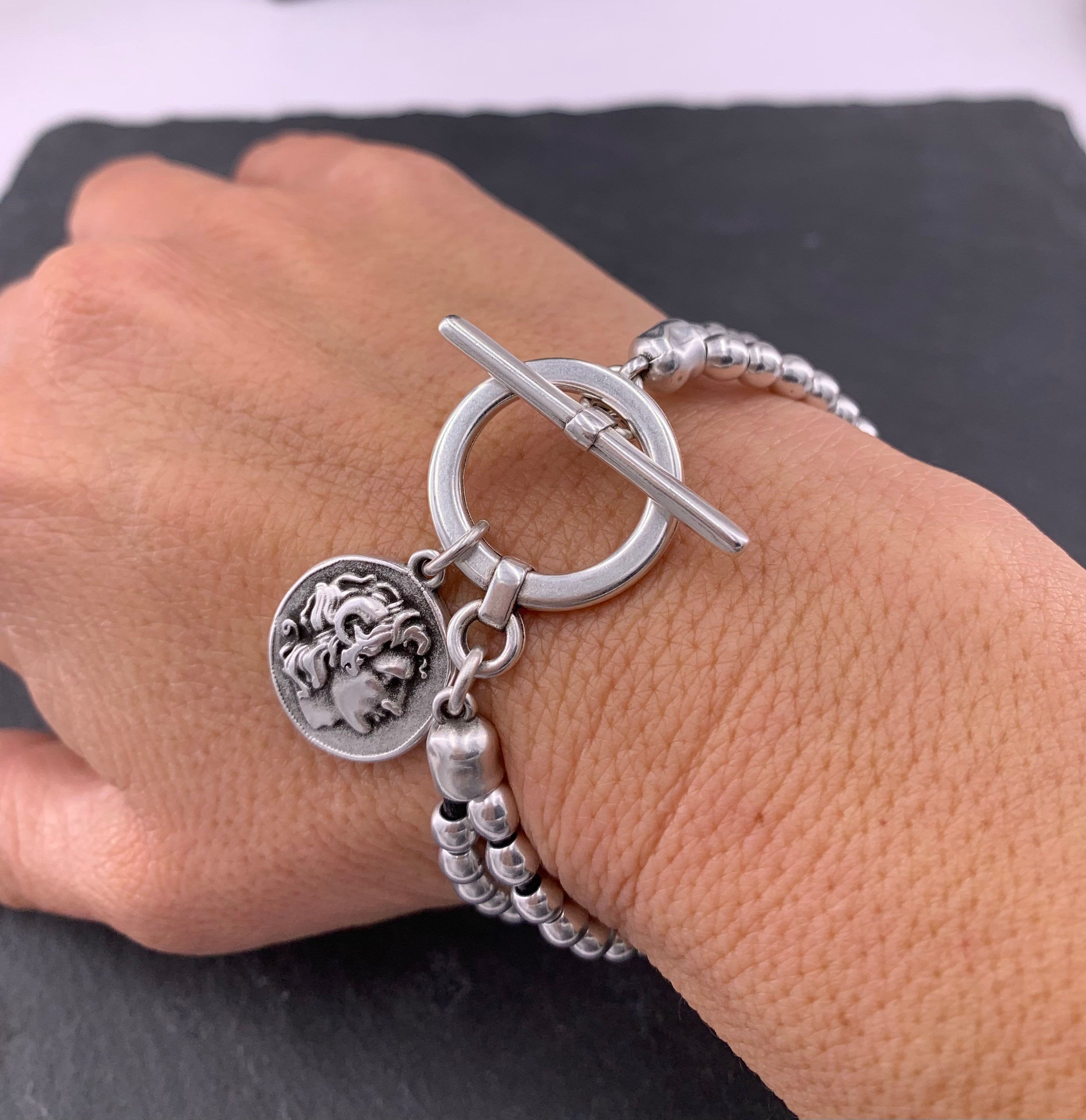 Pulsera de cuero con cuentas de plata mujer, pulsera con cuentas, boho, pulsera de plata, pulsera de plata gruesa, pulsera de mujer,