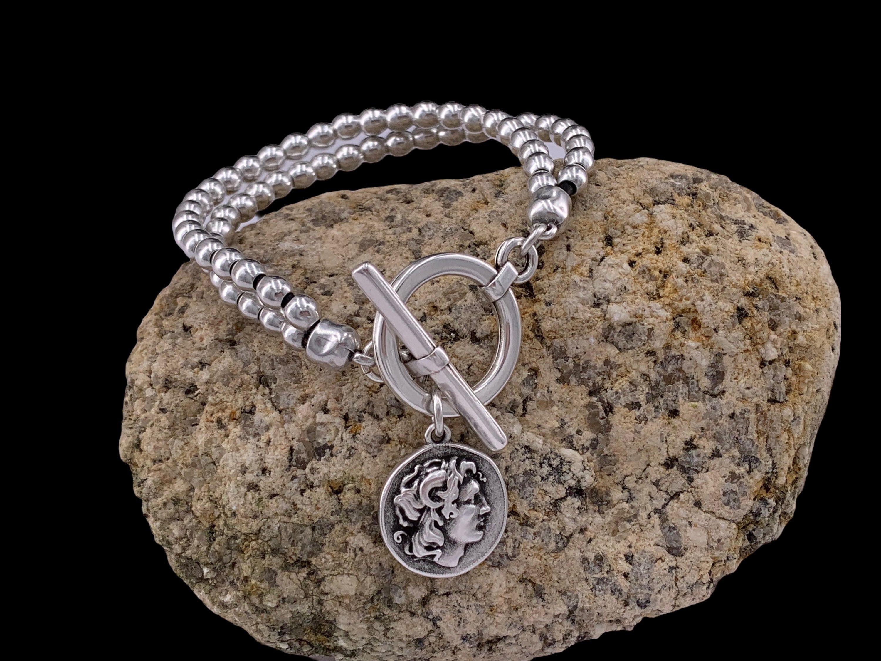 Pulsera de cuero con cuentas de plata mujer, pulsera con cuentas, boho, pulsera de plata, pulsera de plata gruesa, pulsera de mujer,