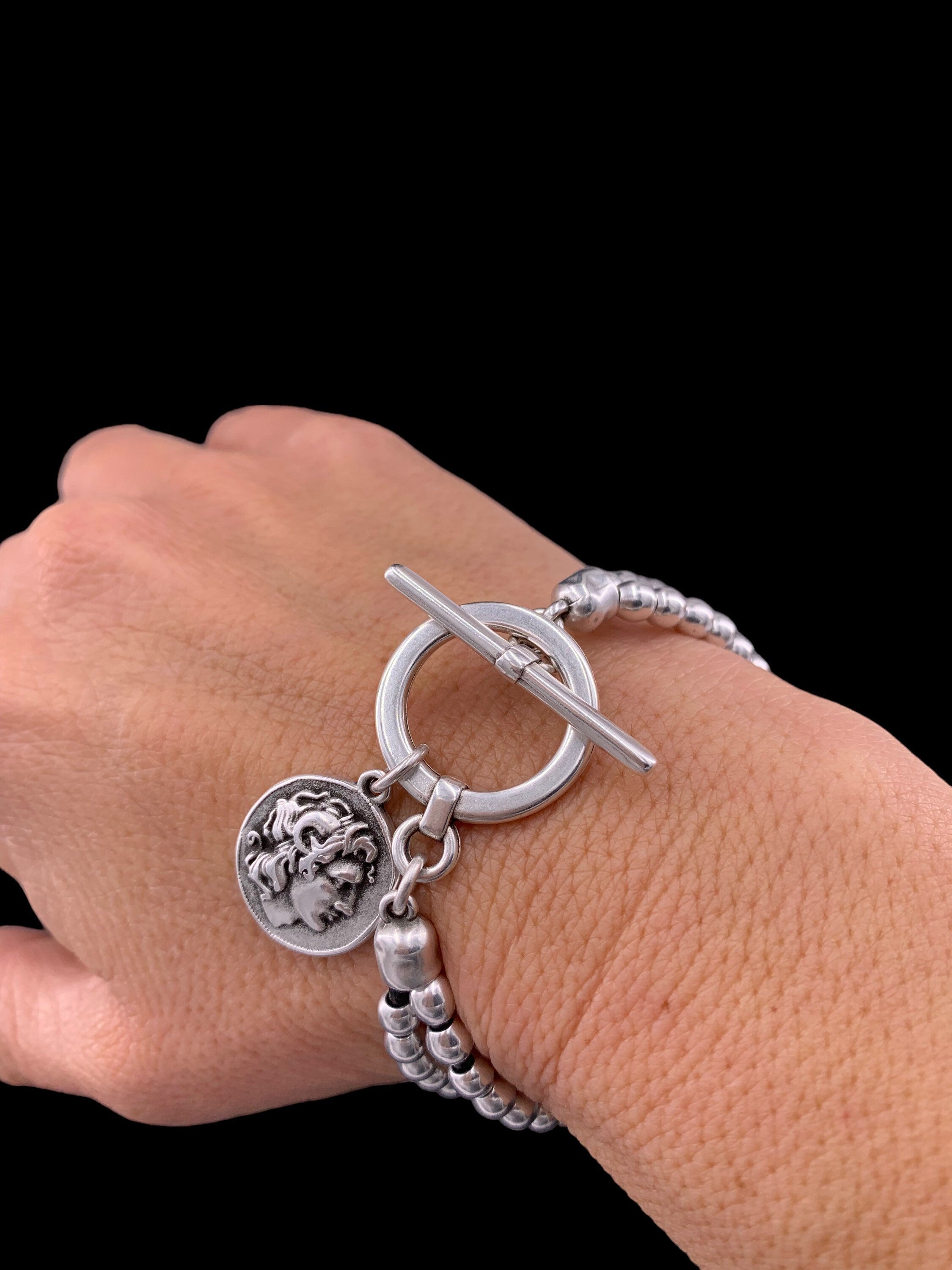 Pulsera de cuero con cuentas de plata mujer, pulsera con cuentas, boho, pulsera de plata, pulsera de plata gruesa, pulsera de mujer,