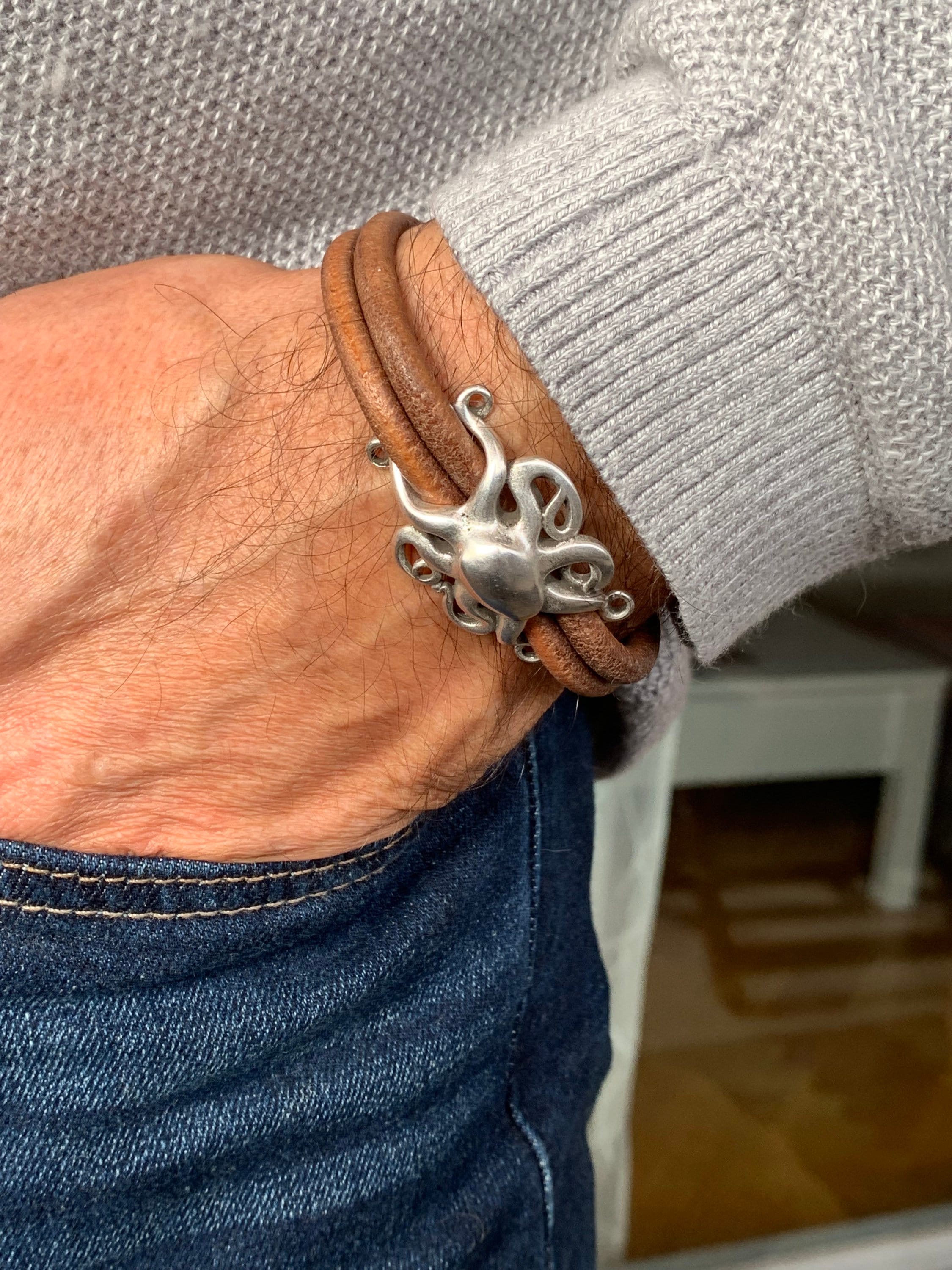 Pulsera de cuero para hombre, pulsera de pulpo, pulsera de buzos, regalo para hombres, pulsera de surfista, pulsera de marinero, varonil y masculina