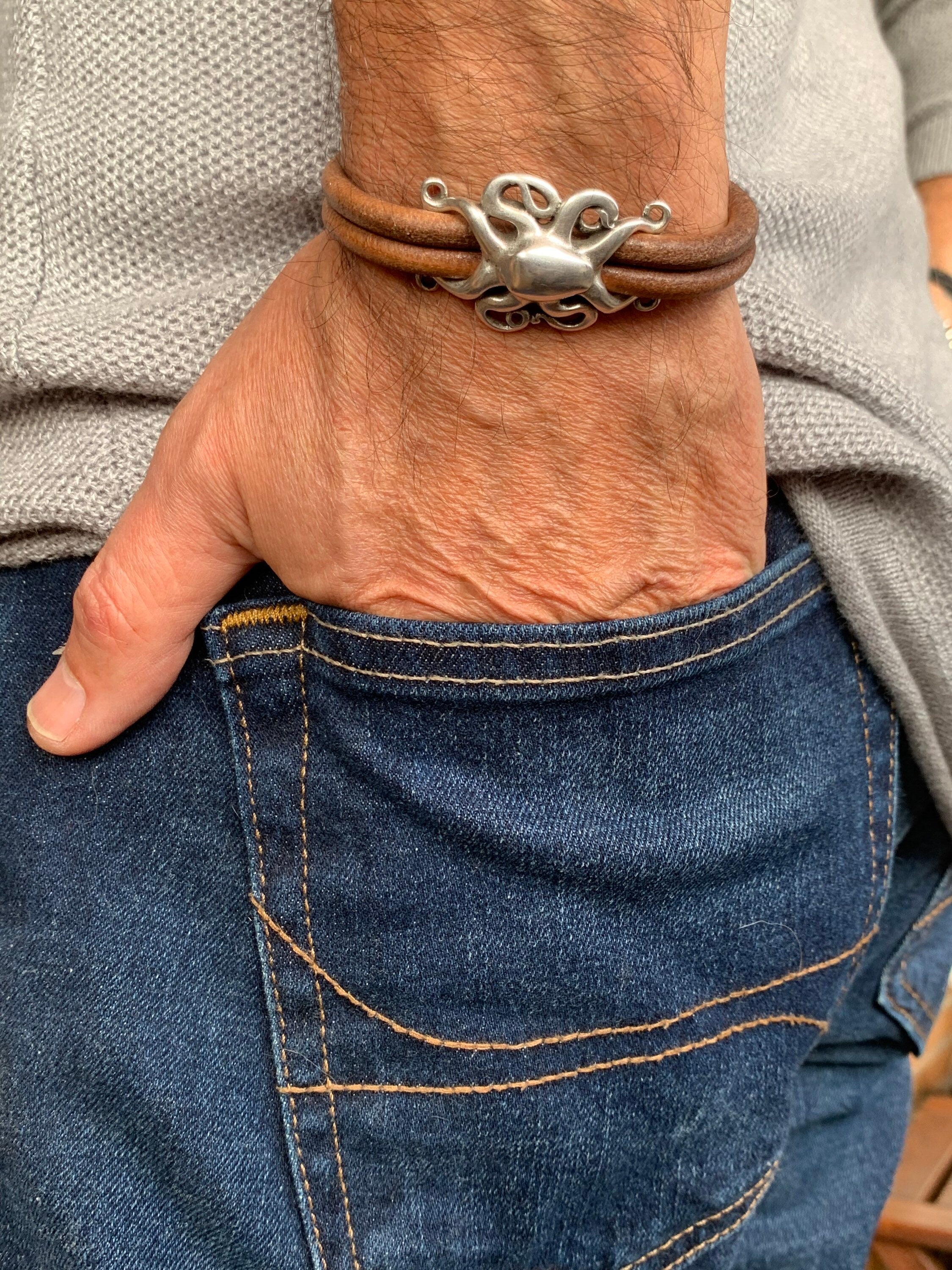 Pulsera de cuero para hombre, pulsera de pulpo, pulsera de buzos, regalo para hombres, pulsera de surfista, pulsera de marinero, varonil y masculina