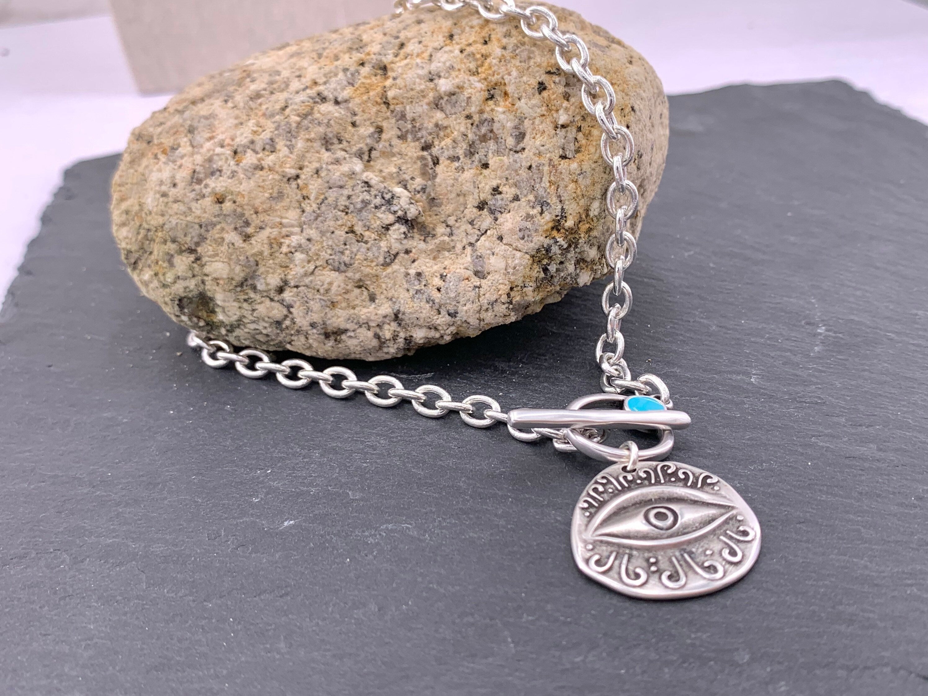 Protector eye, Silver fine chain enameled ornament necklace, French clasp necklace, chain necklace, style , charm necklace, gift