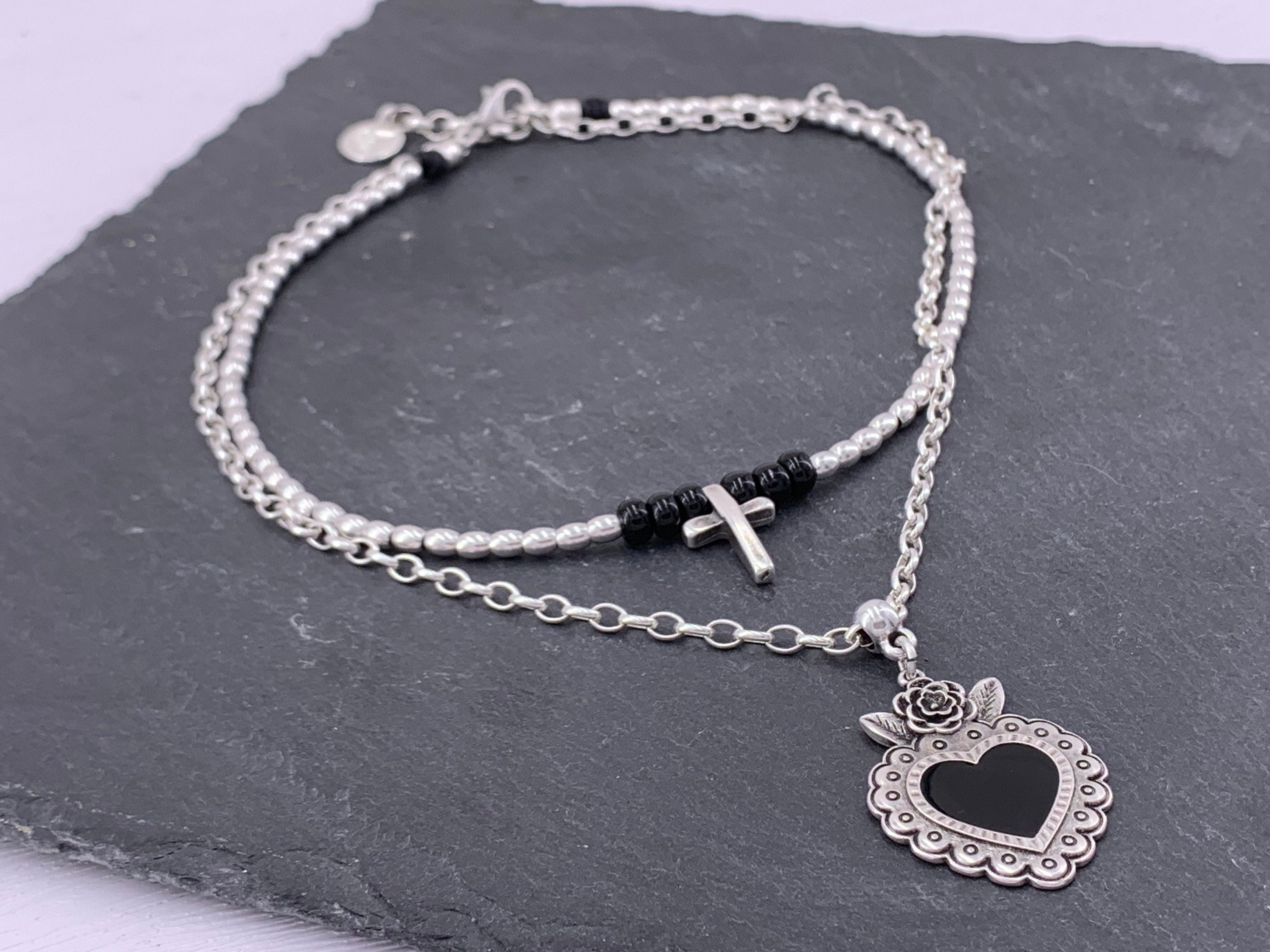 Gothic choker, Chunky silver choker, multi strand choker, cross and heart pendant choker, Edgar Allen Poe jewelry, black jewelry, punk