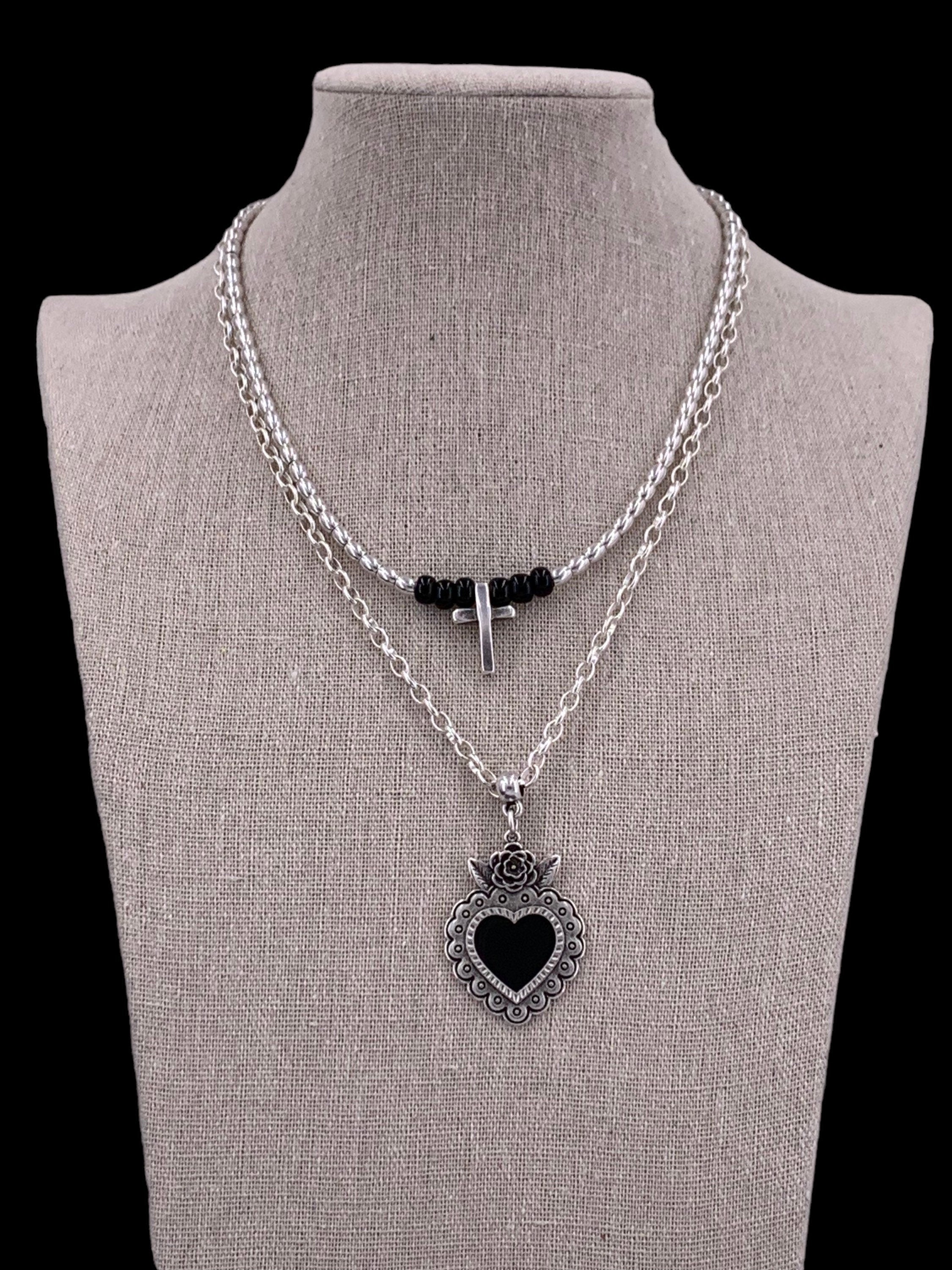 Gothic choker, Chunky silver choker, multi strand choker, cross and heart pendant choker, Edgar Allen Poe jewelry, black jewelry, punk