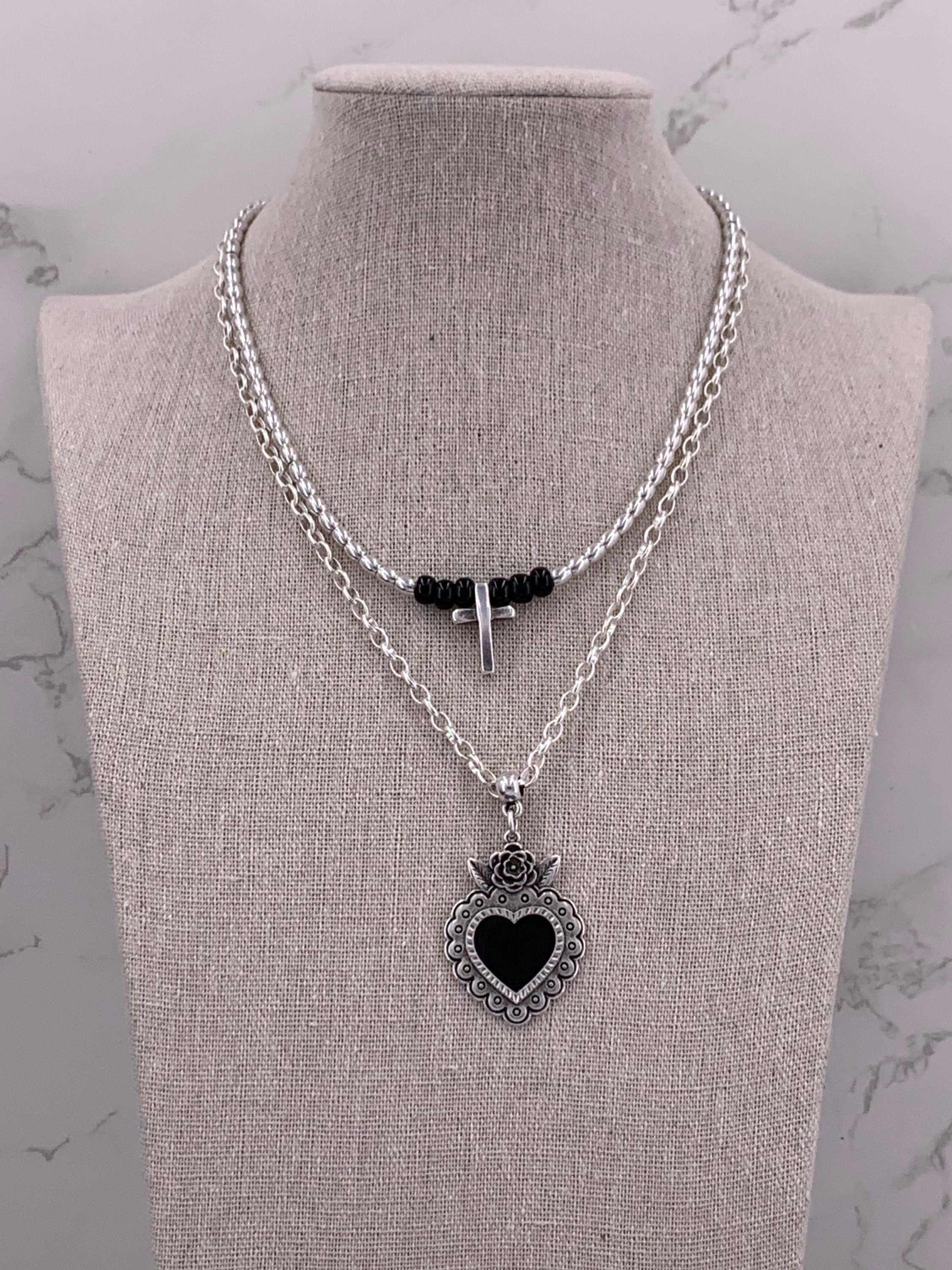 Gothic choker, Chunky silver choker, multi strand choker, cross and heart pendant choker, Edgar Allen Poe jewelry, black jewelry, punk