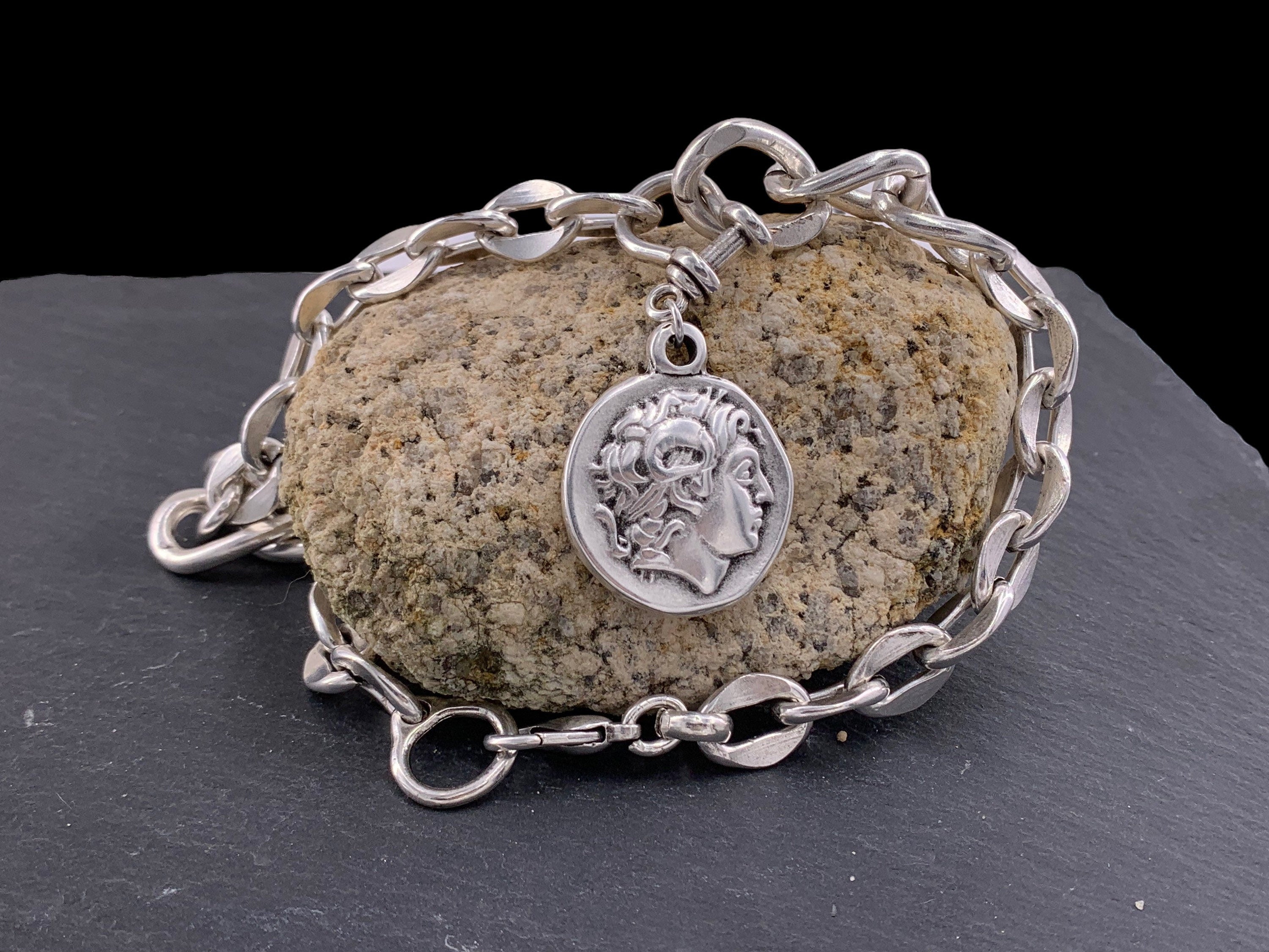 Colgante de moneda grande grueso, collar de cadena pesada de plata, collar de plata gruesa colgante de moneda de declaración, collar sólido, gargantilla de plata de moneda