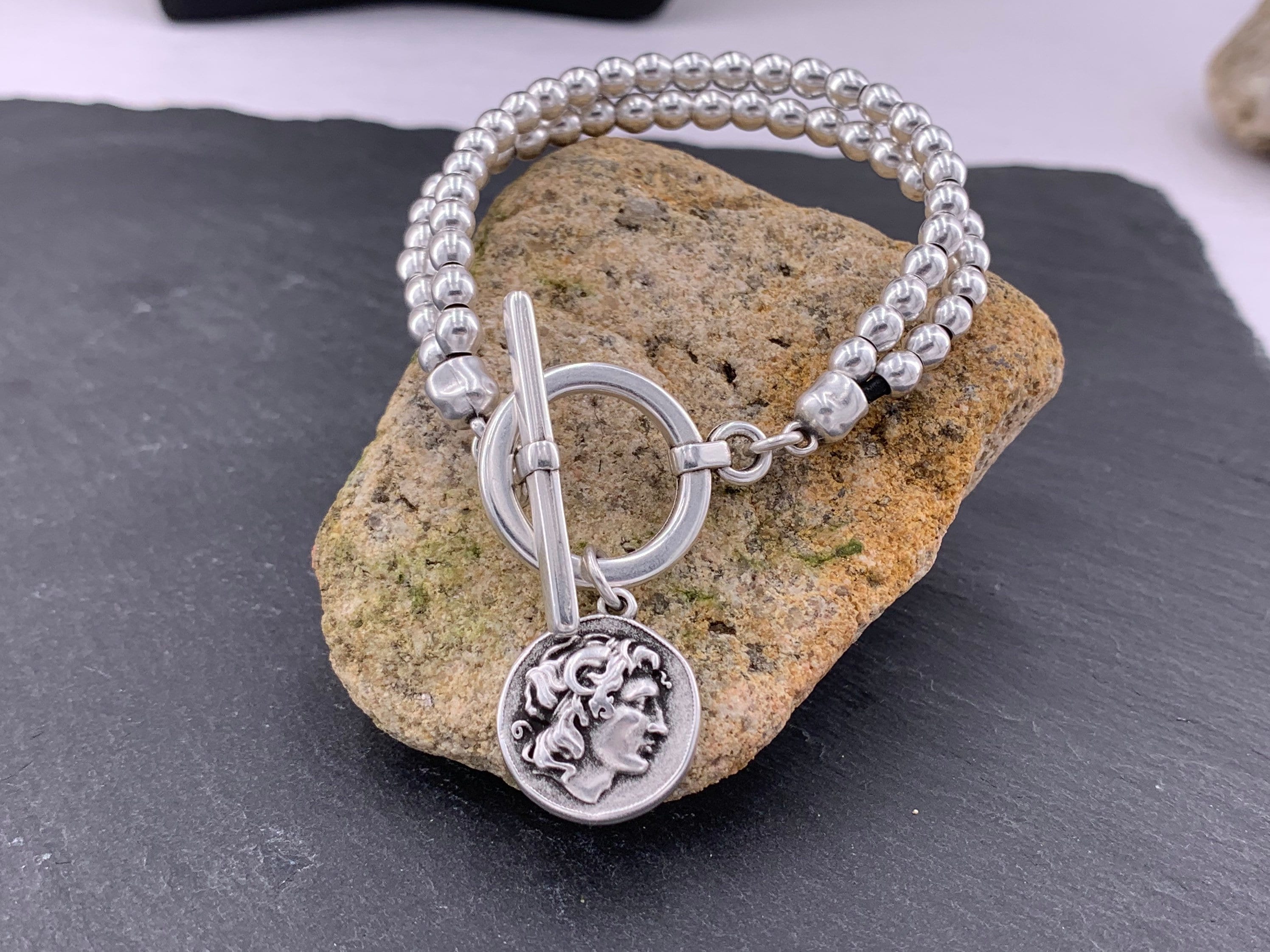 Pulsera de cuero con cuentas de plata mujer, pulsera con cuentas, boho, pulsera de plata, pulsera de plata gruesa, pulsera de mujer,