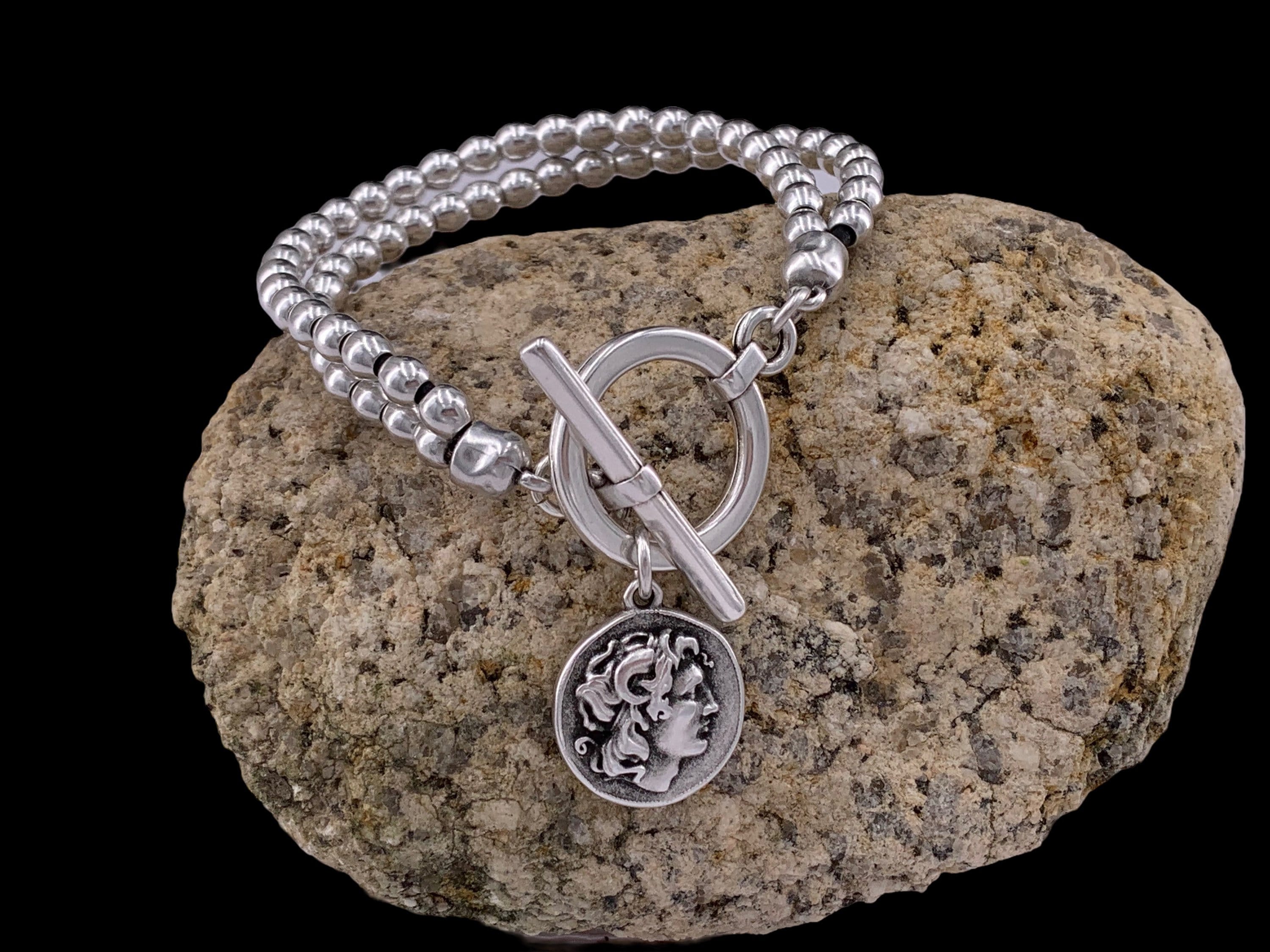 Pulsera de cuero con cuentas de plata mujer, pulsera con cuentas, boho, pulsera de plata, pulsera de plata gruesa, pulsera de mujer,