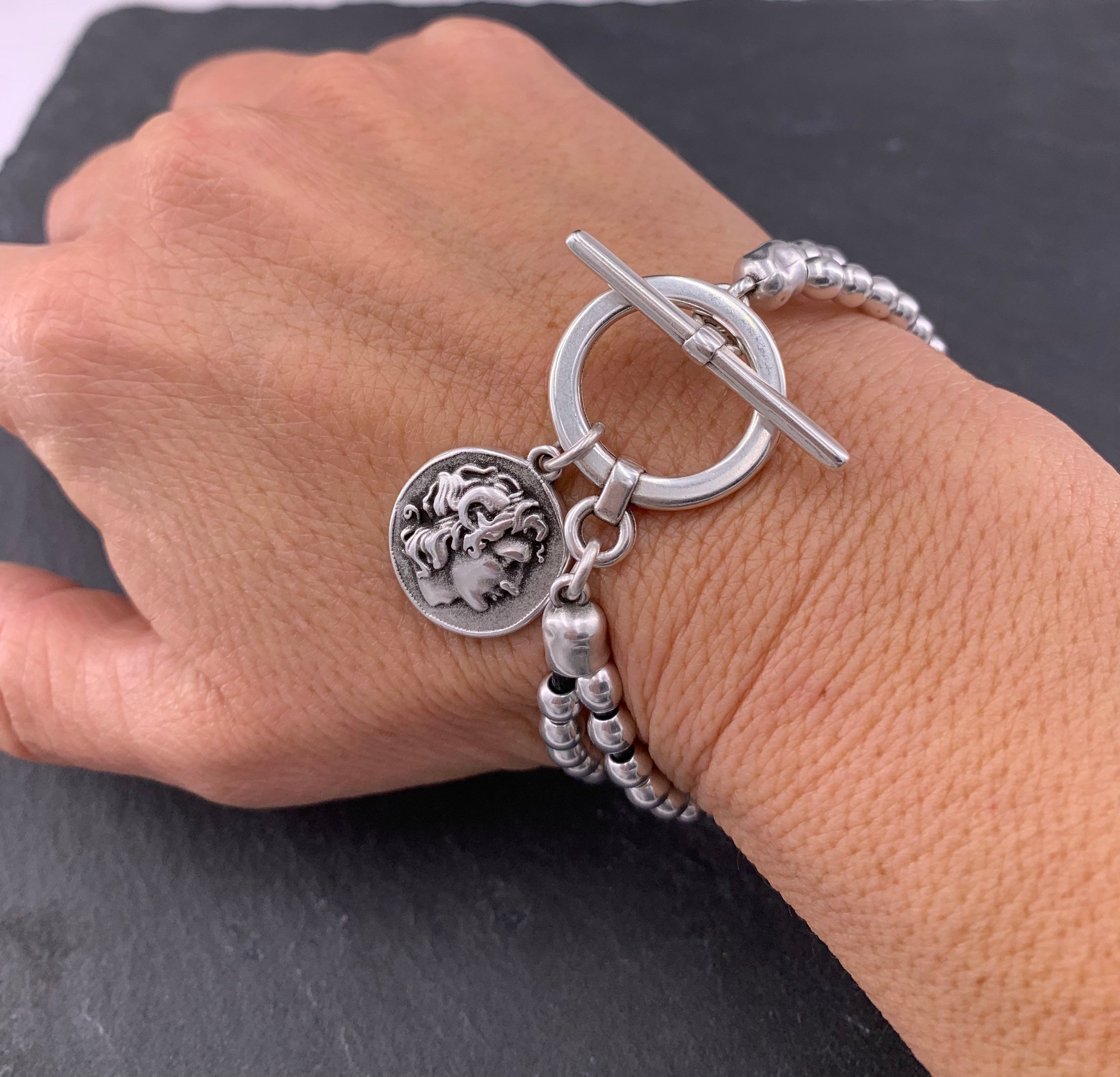 Pulsera de cuero con cuentas de plata mujer, pulsera con cuentas, boho, pulsera de plata, pulsera de plata gruesa, pulsera de mujer,