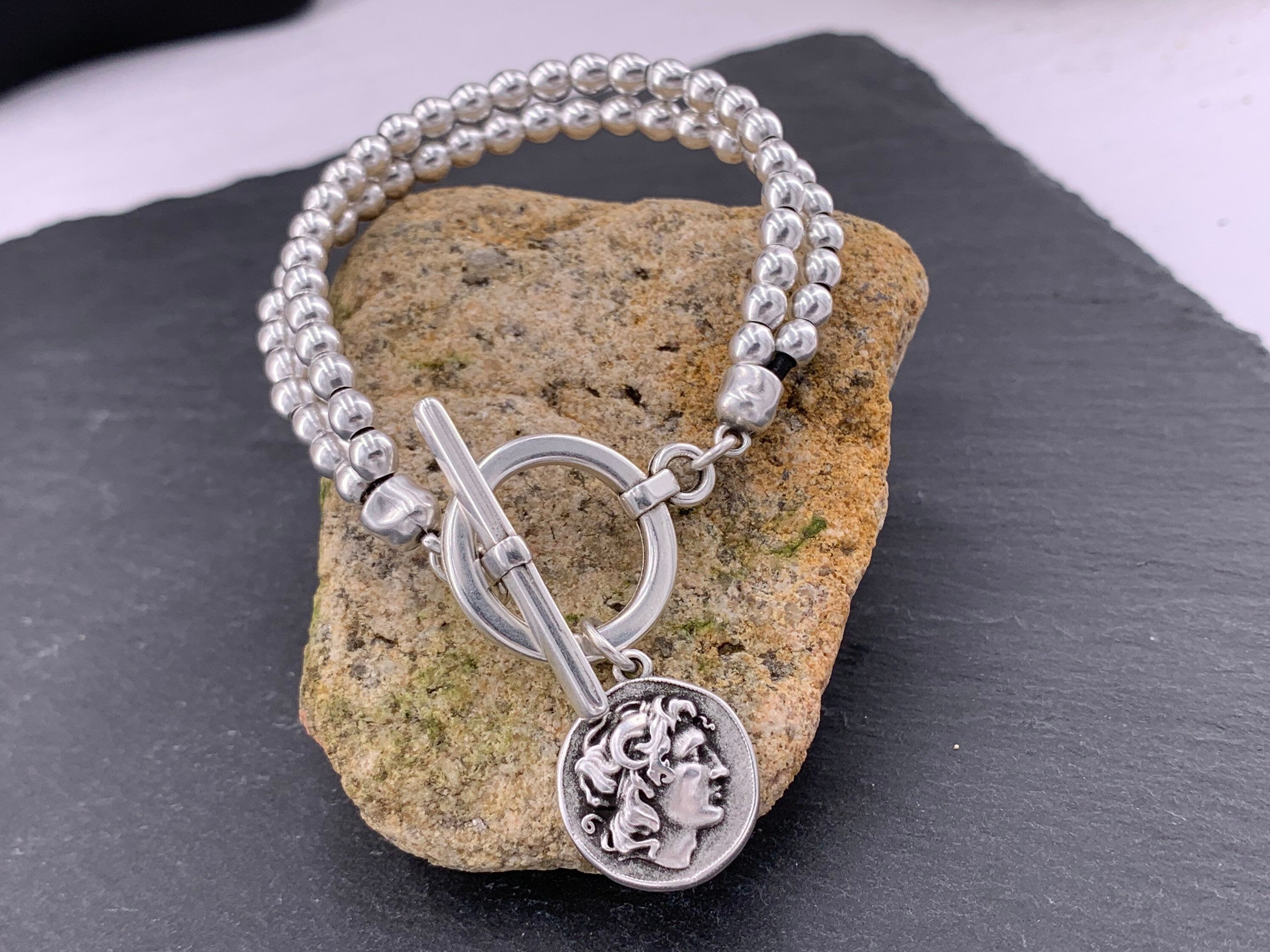 Pulsera de cuero con cuentas de plata mujer, pulsera con cuentas, boho, pulsera de plata, pulsera de plata gruesa, pulsera de mujer,