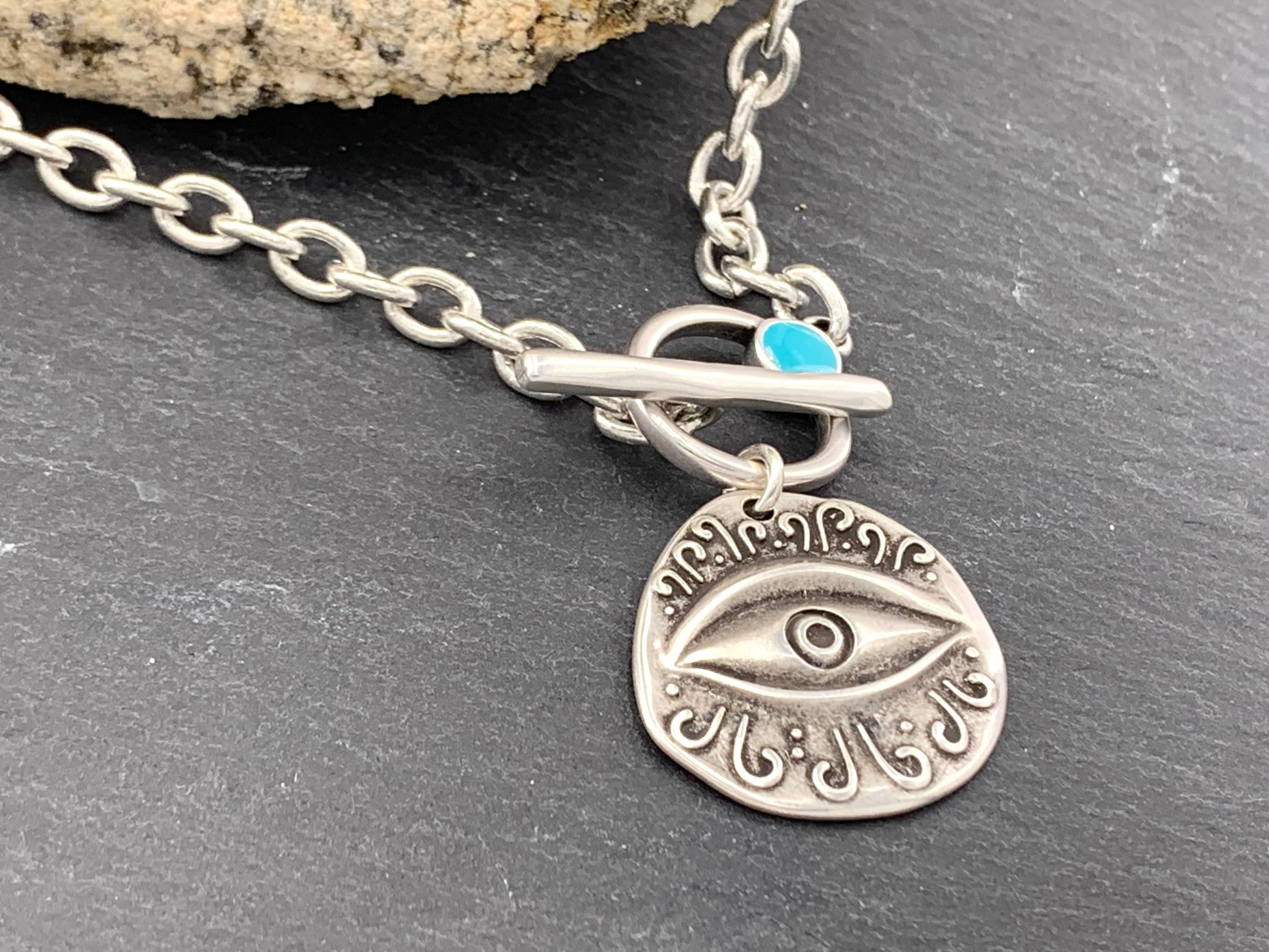 Protector eye, Silver fine chain enameled ornament necklace, French clasp necklace, chain necklace, style , charm necklace, gift