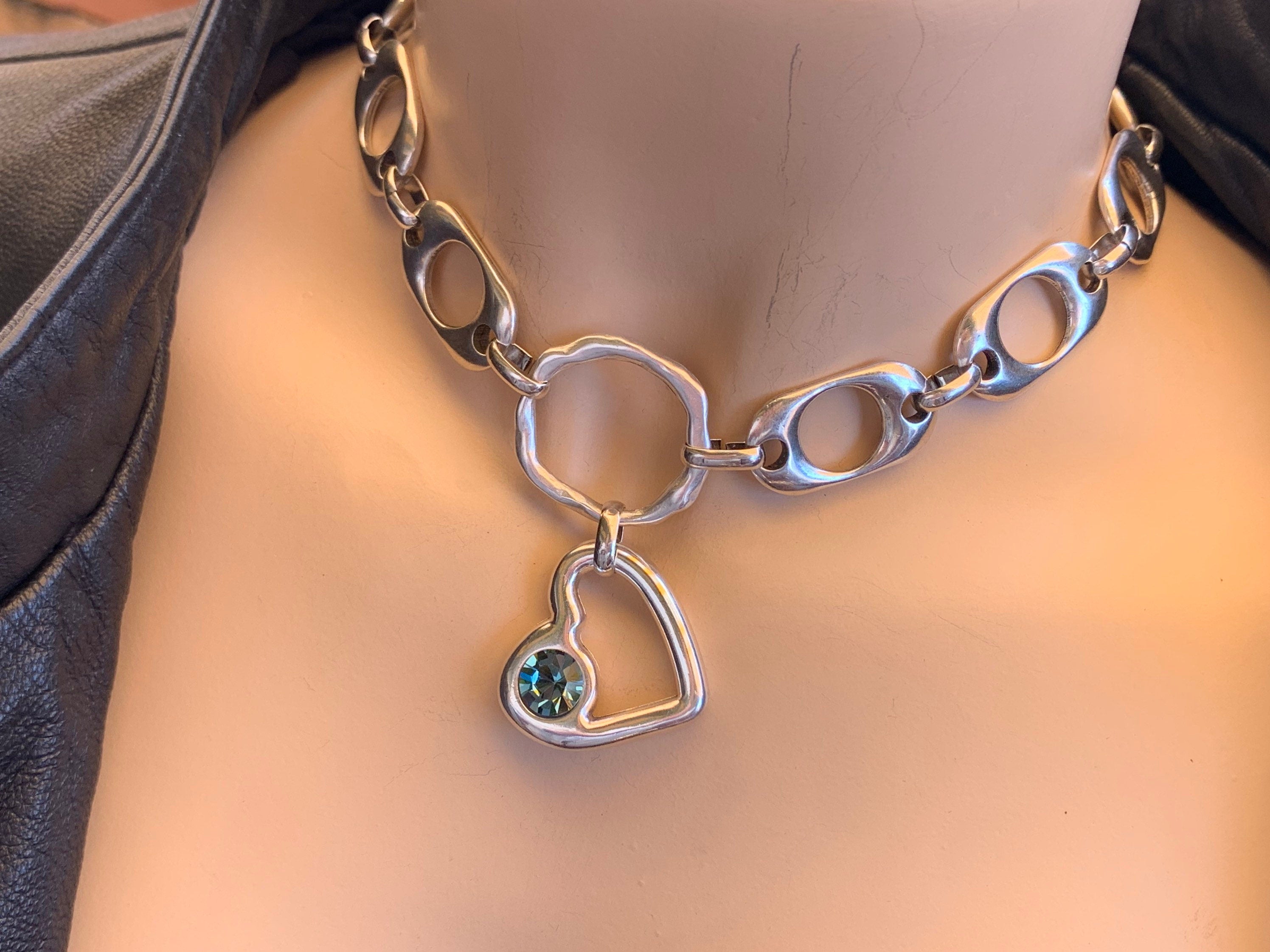 Heart pendant chunky silver chain choker, swarovski heart choker, bold chain choker,  statement silver choker, chunky link chain choker,