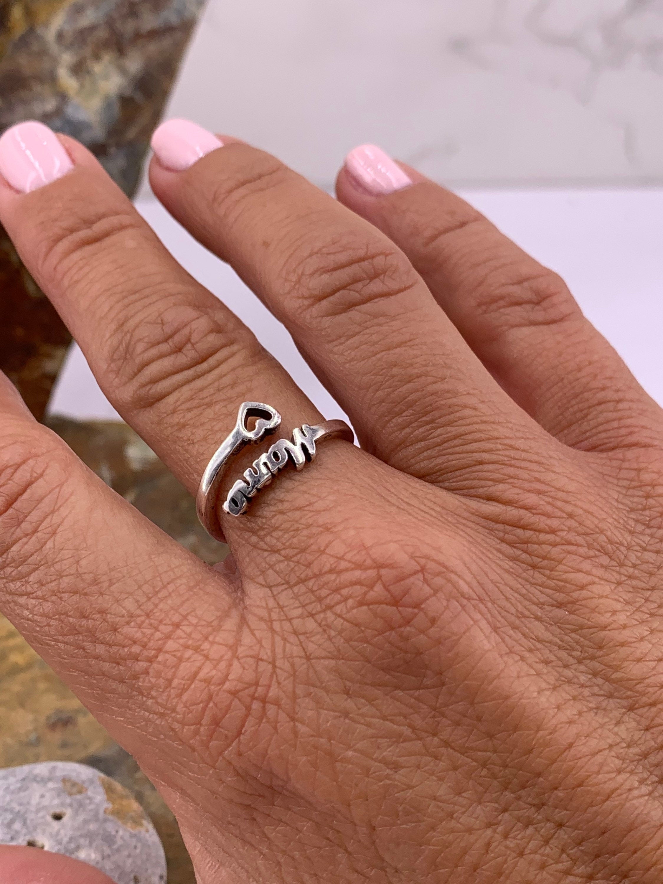 Mun ring, mother gift, boho ring, Chunky ring, Silver ring, engraved ring, open band silver ring, Statement ring, gift for mum, heart ring,