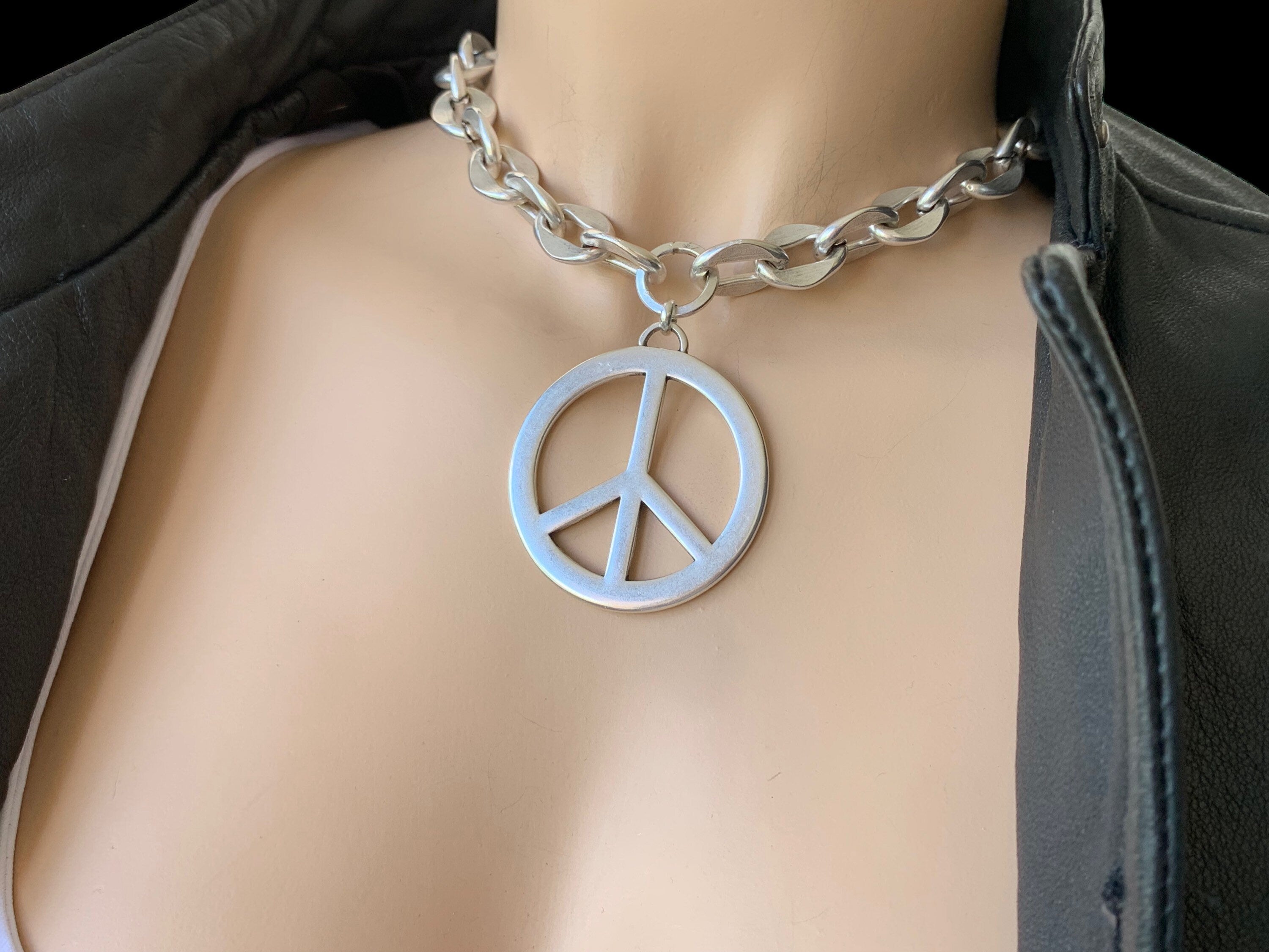 Chunky silver necklace, statement pendant necklace, silver chain necklace, bold chain necklace, peace pendant necklace, rolo chain necklace