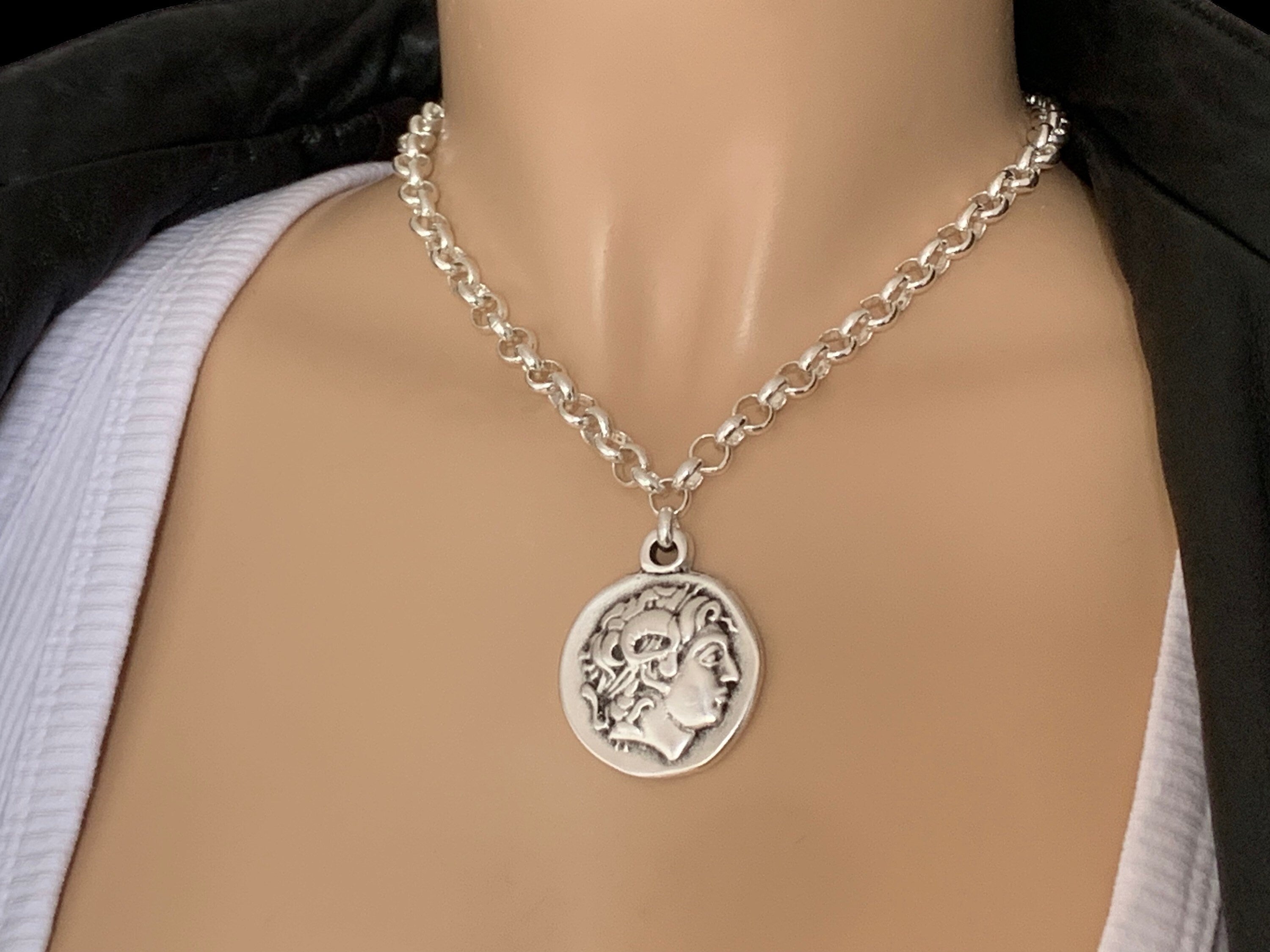 Greek coin pendant necklace, Chunky chain necklace, Silver necklace, statement necklace, rolo chain necklace, large pendant necklace, gift