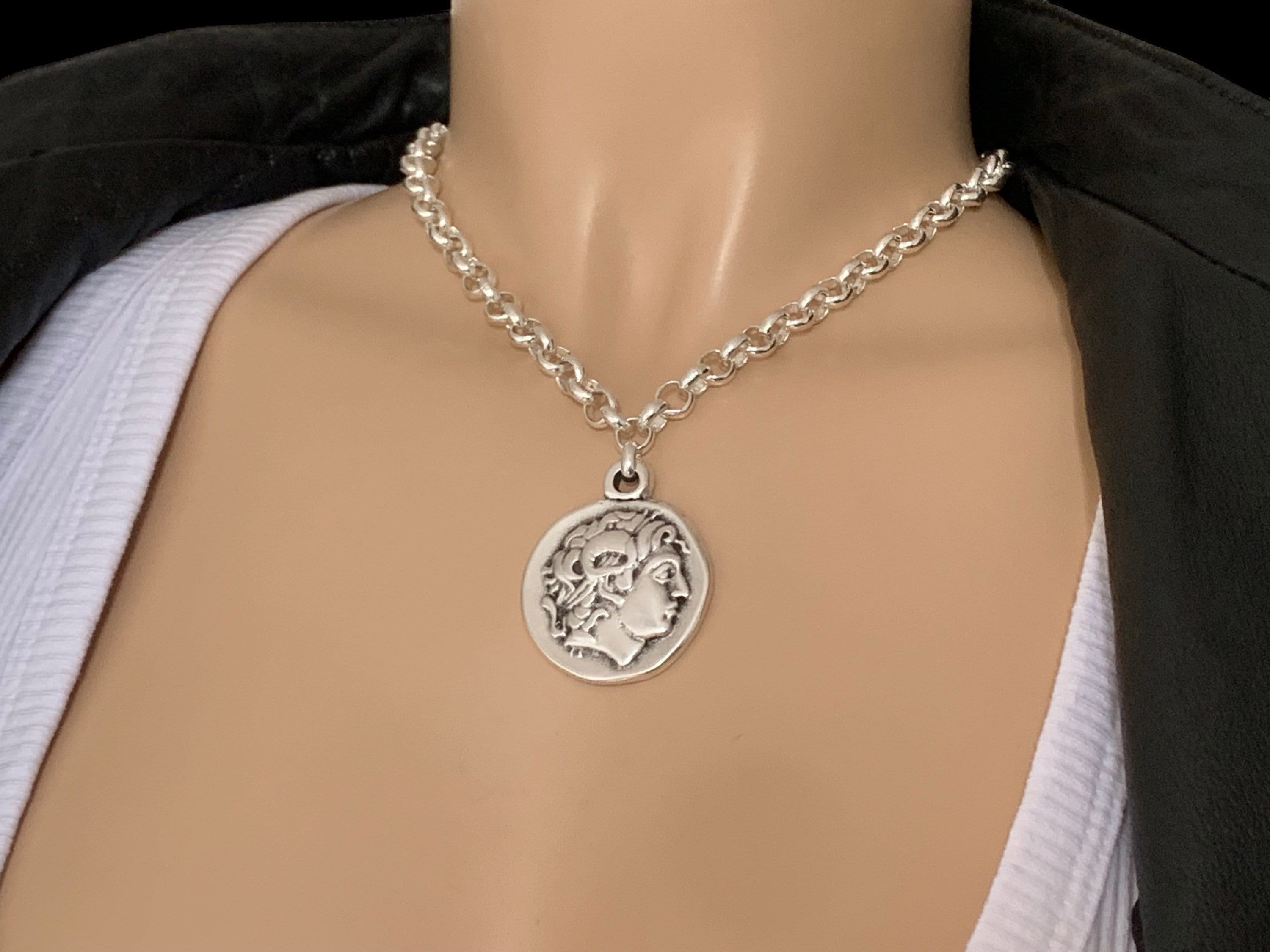 Greek coin pendant necklace, Chunky chain necklace, Silver necklace, statement necklace, rolo chain necklace, large pendant necklace, gift