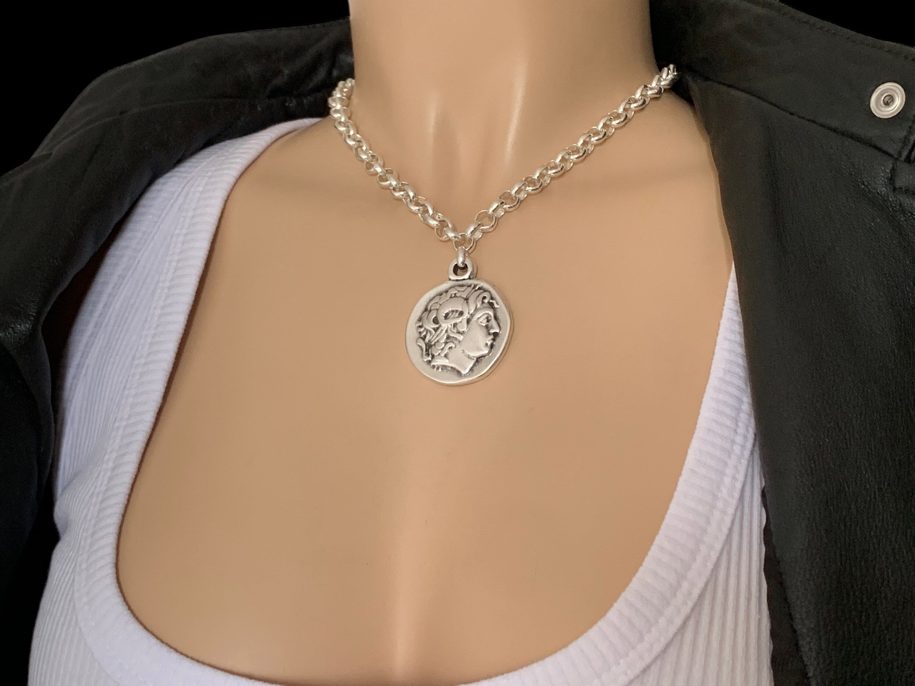 Greek coin pendant necklace, Chunky chain necklace, Silver necklace, statement necklace, rolo chain necklace, large pendant necklace, gift