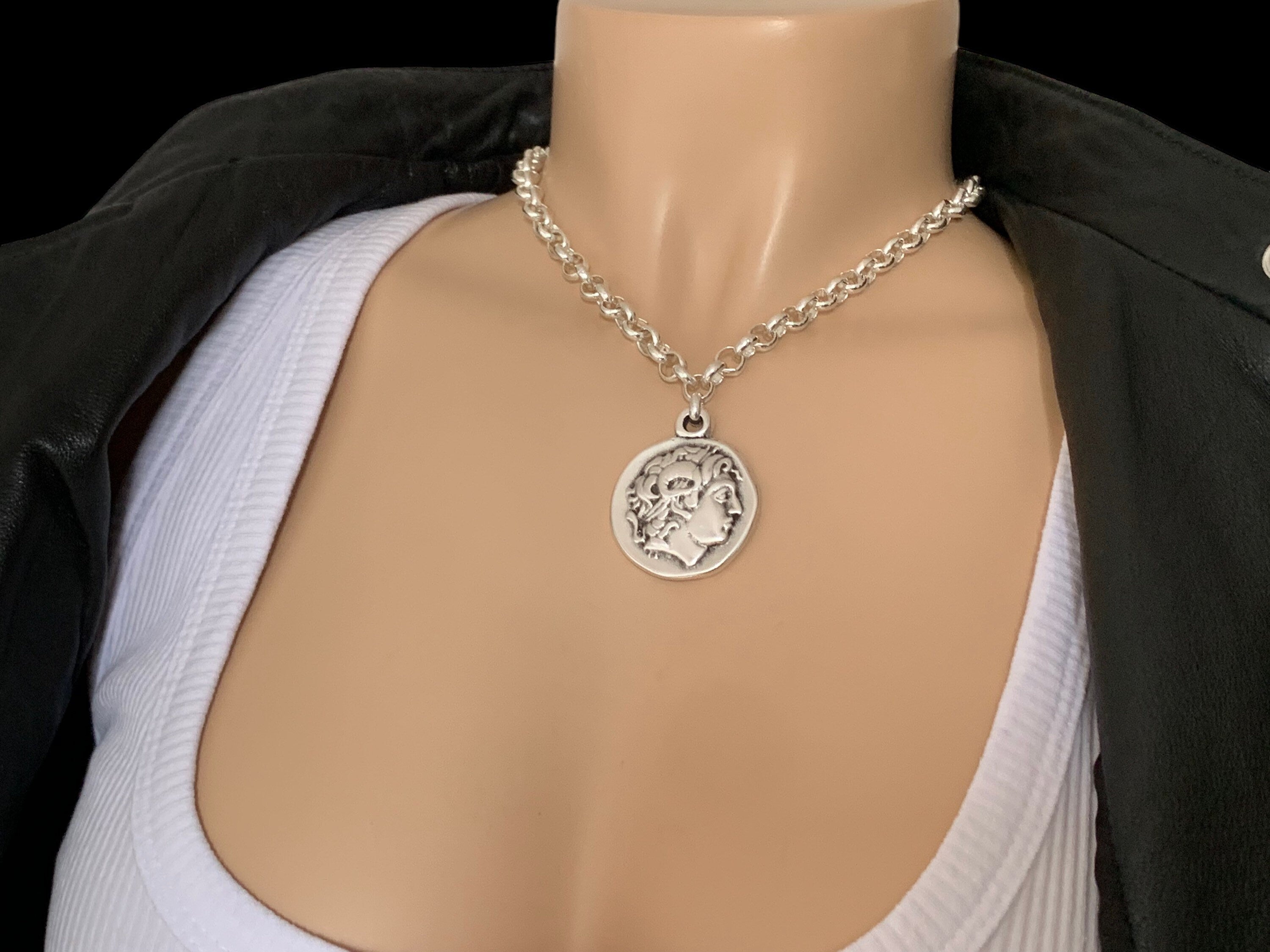 Greek coin pendant necklace, Chunky chain necklace, Silver necklace, statement necklace, rolo chain necklace, large pendant necklace, gift