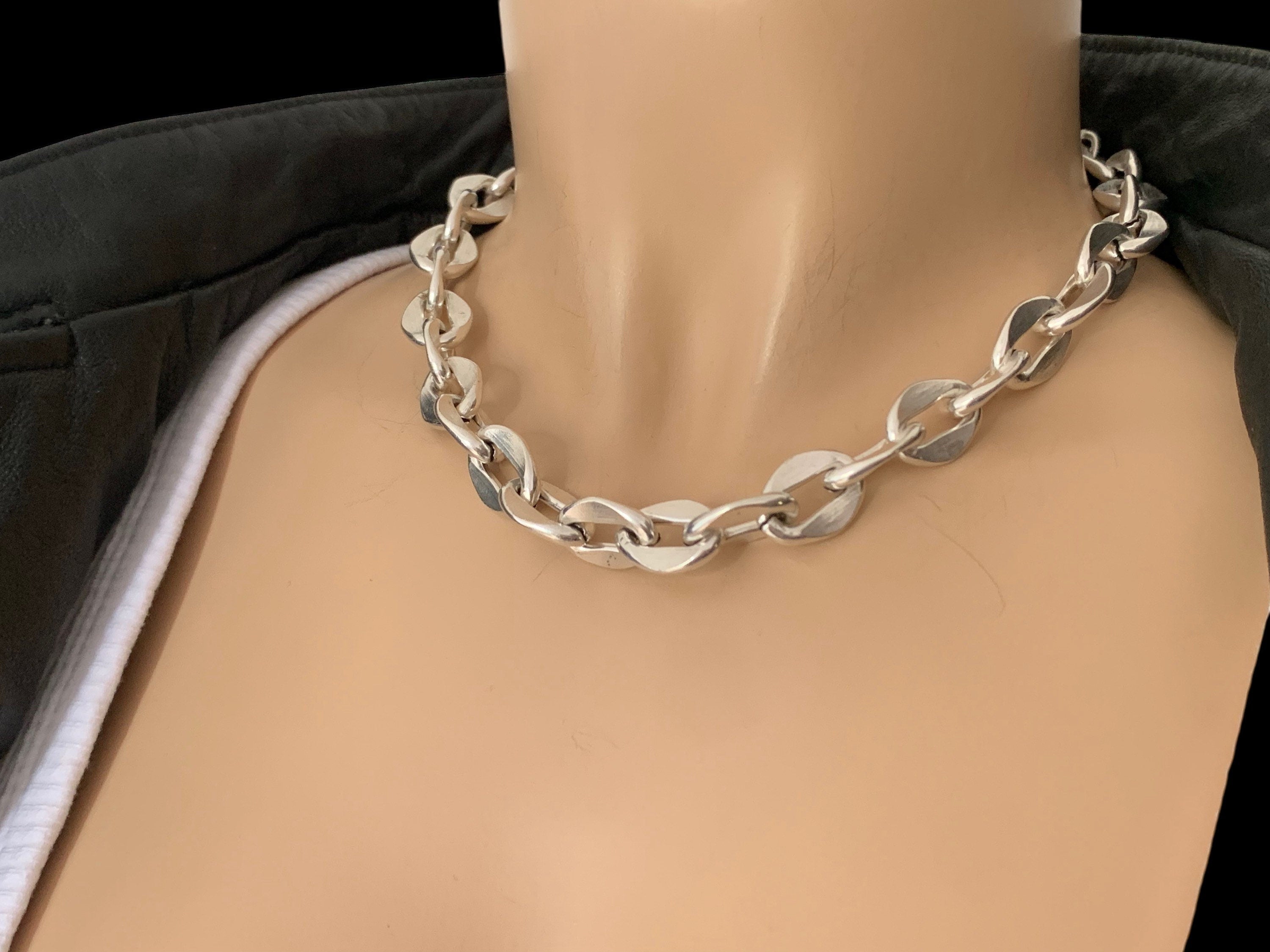 Thick chain silver choker , statement choker, silver chain statement necklace, chunky necklace, key and padlock necklace ,