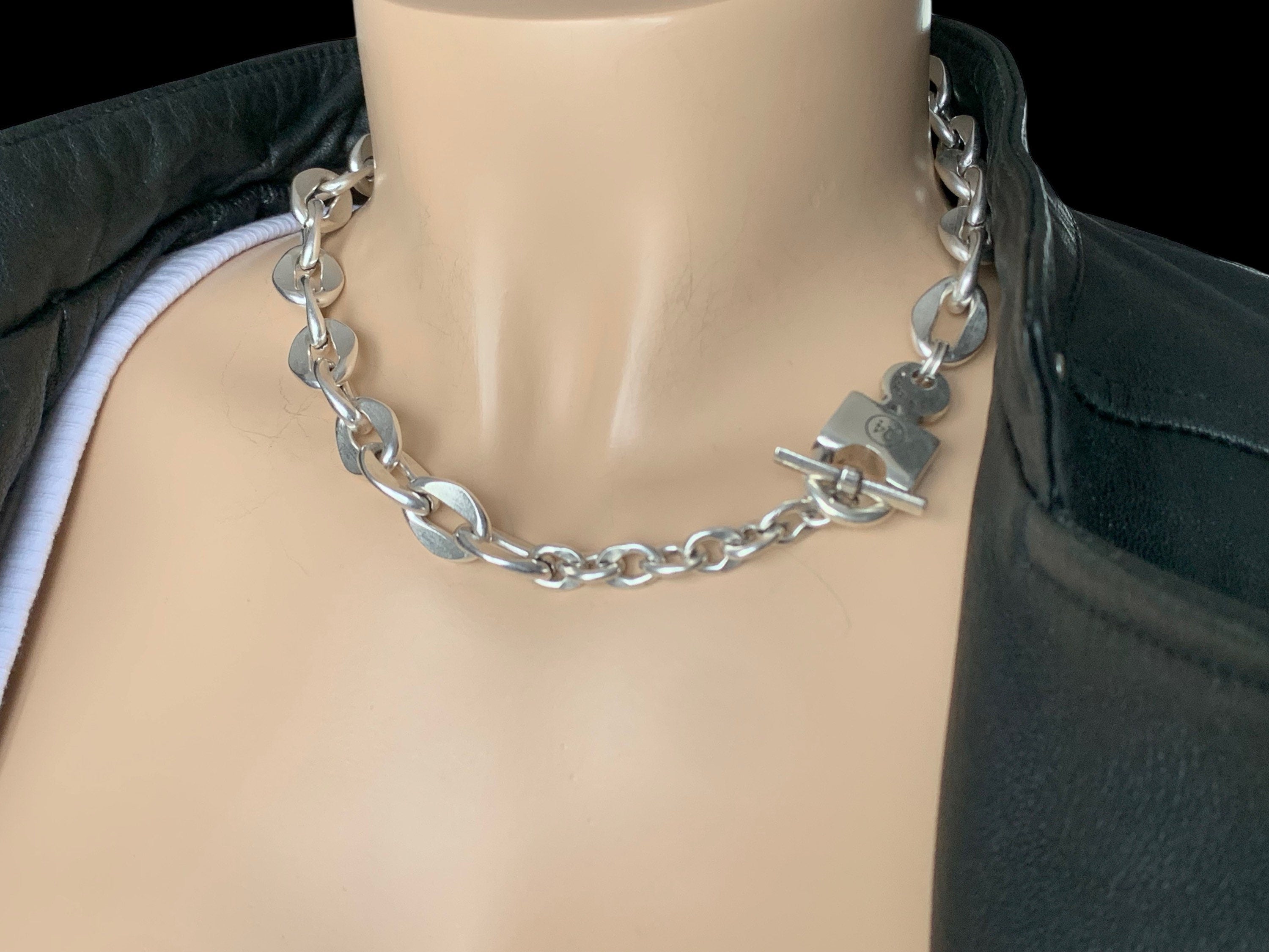 Thick chain silver choker , statement choker, silver chain statement necklace, chunky necklace, key and padlock necklace ,