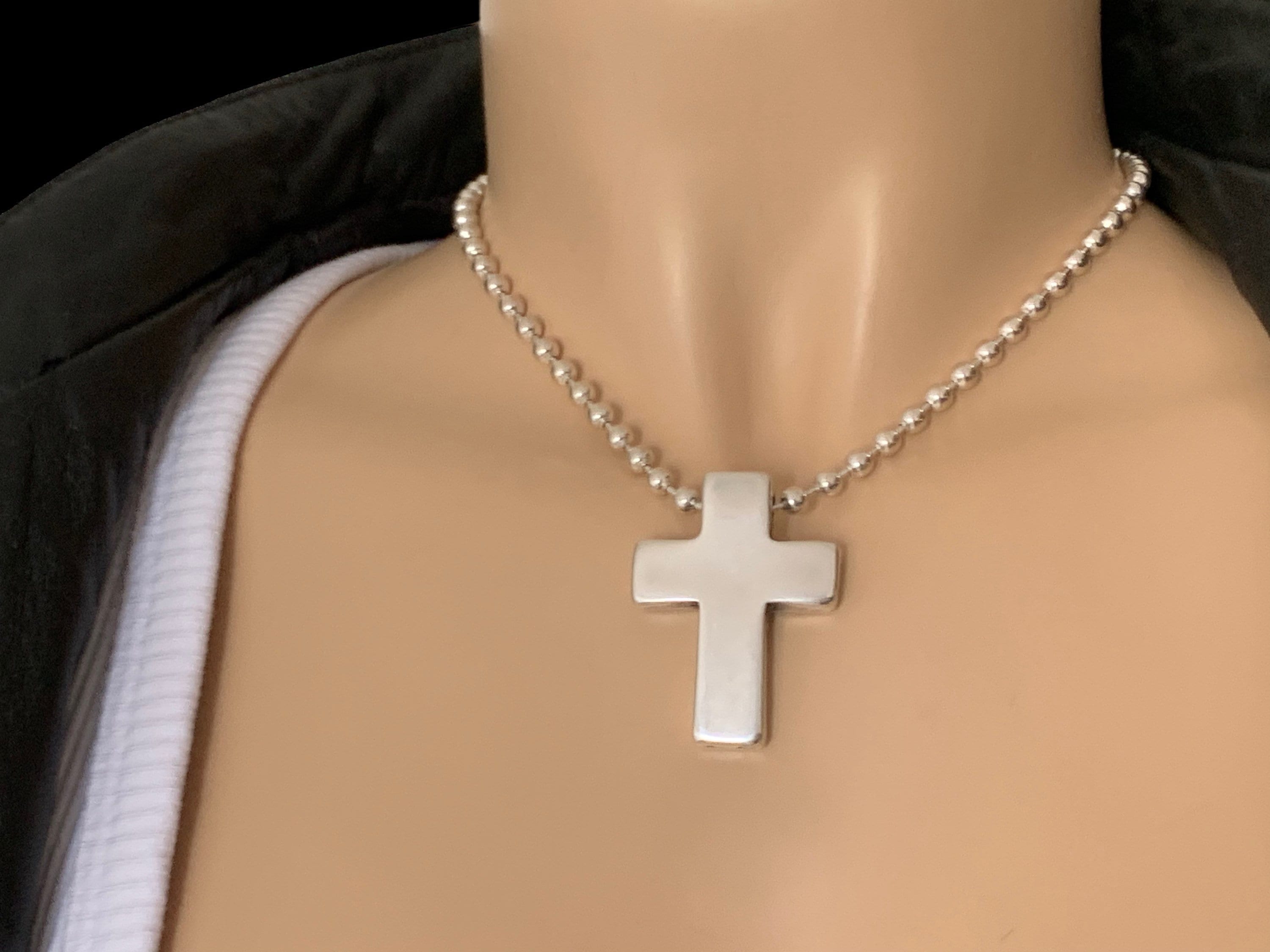 Gothic cross pendant necklace, chunky cross pendant, silver ball chain necklace, silver beads necklace,  style, silver cross choker