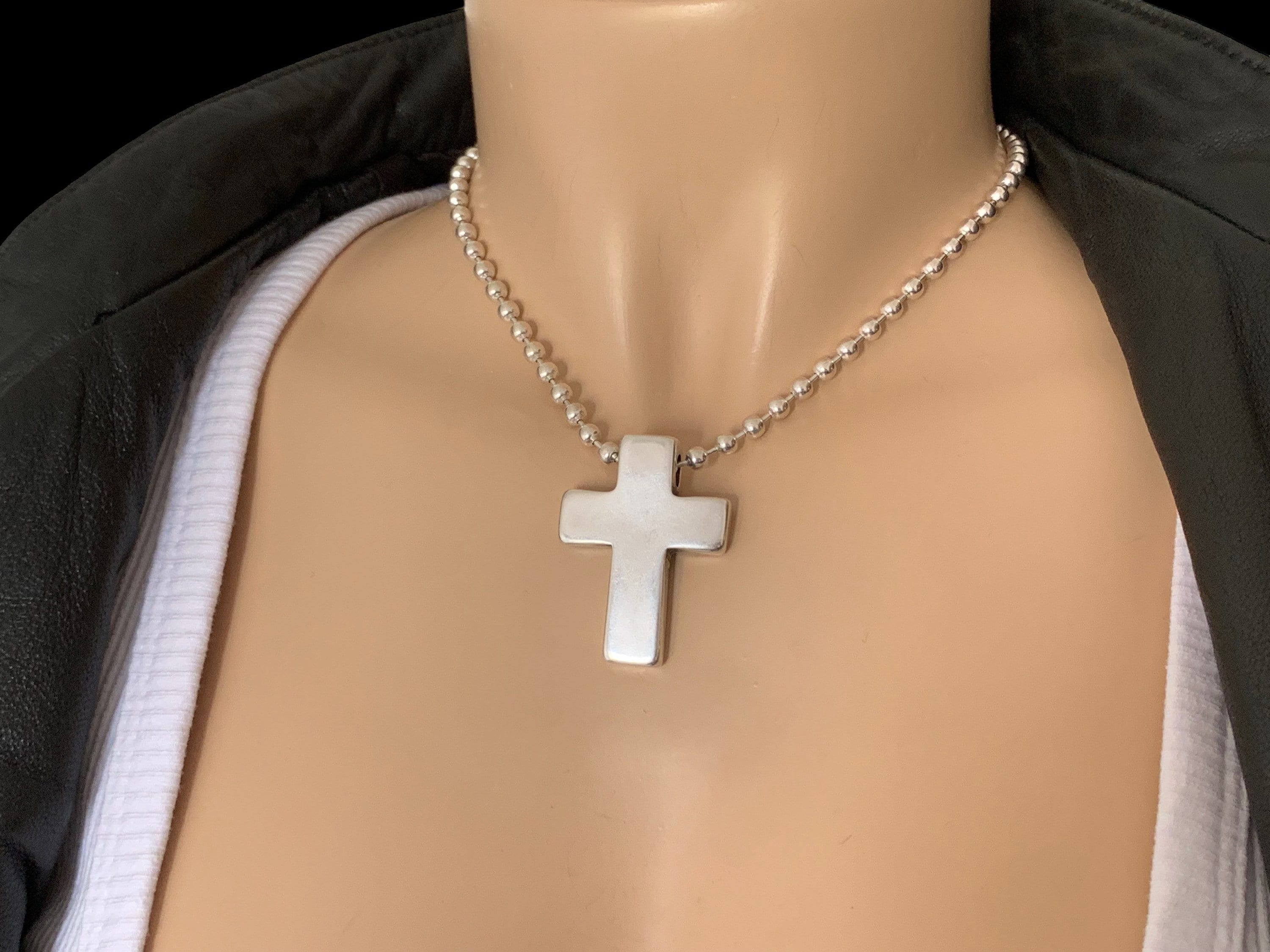 Gothic cross pendant necklace, chunky cross pendant, silver ball chain necklace, silver beads necklace,  style, silver cross choker