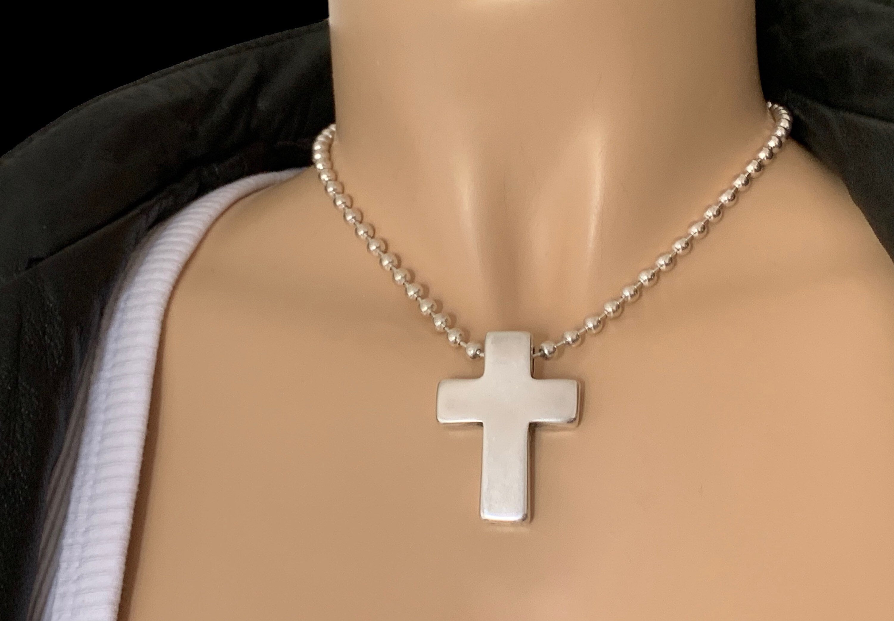 Gothic cross pendant necklace, chunky cross pendant, silver ball chain necklace, silver beads necklace,  style, silver cross choker