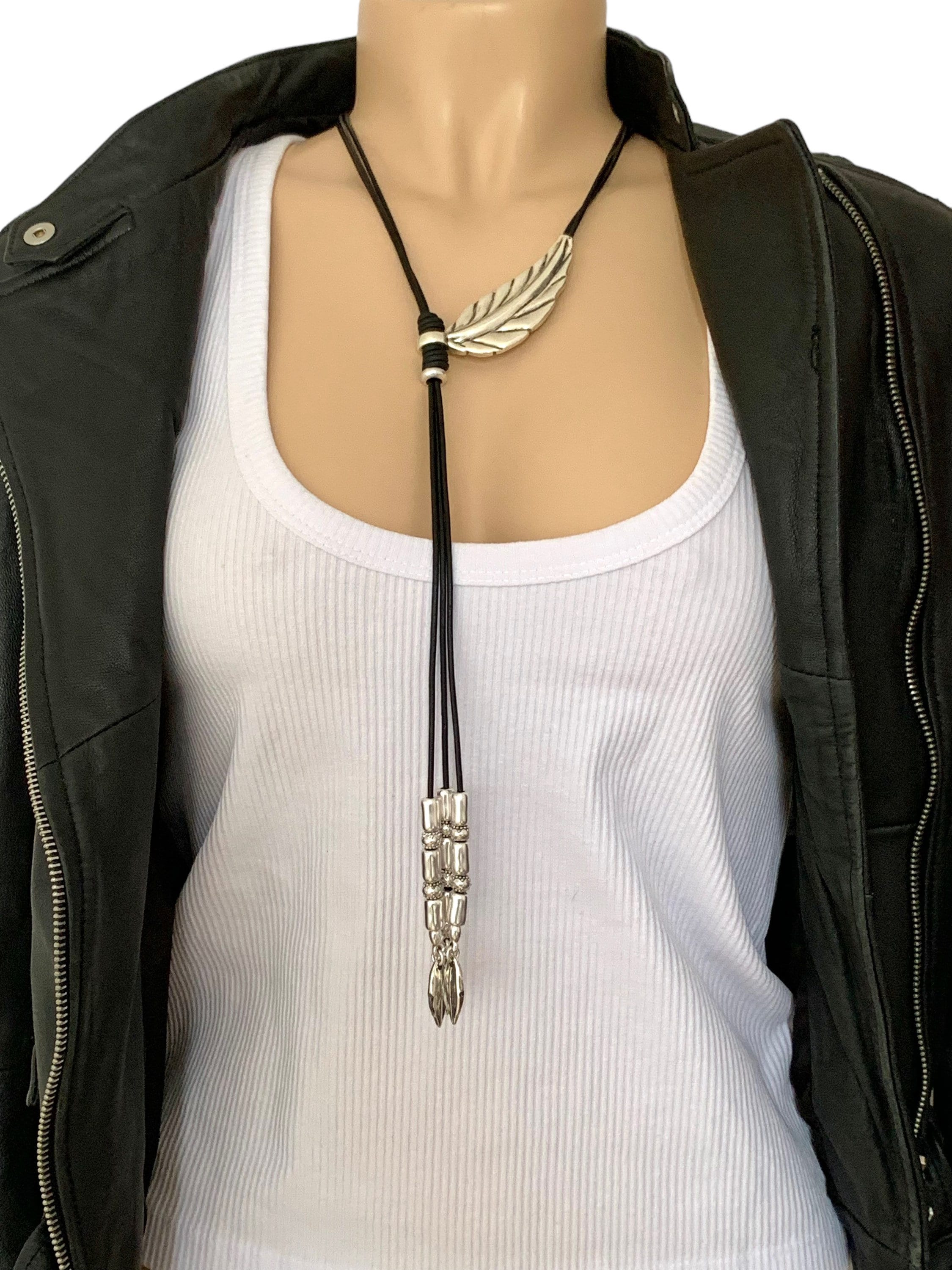 lariat necklace, dangle necklace, long leather necklace, boho Y necklace, silver charms necklace, statement necklace, , gift