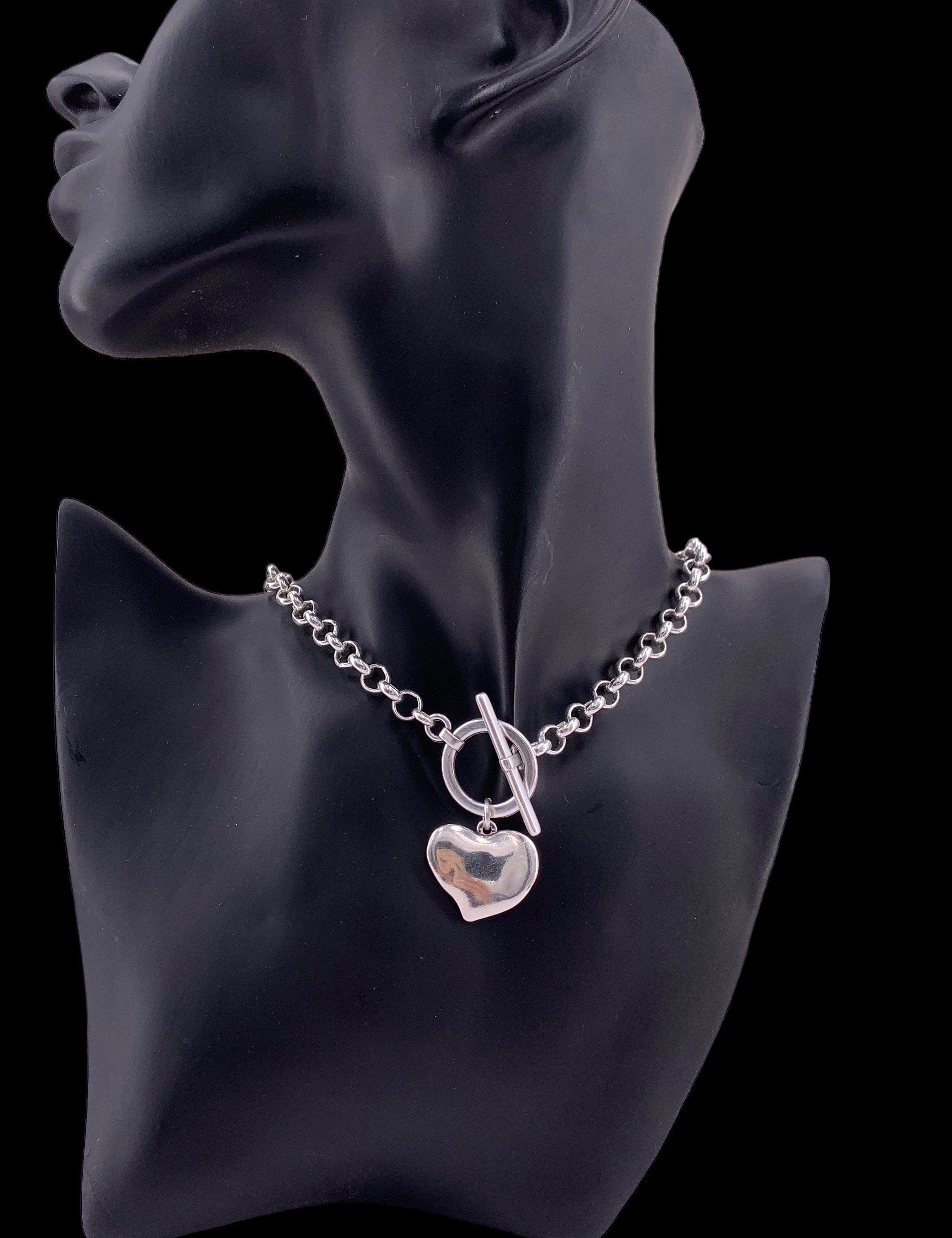 collar de plata grueso para mujer, collar de cadena de plata con cierre de palanca, gargantilla de corazón, collar de cadena rolo, collar de cierre T, colgante de corazón