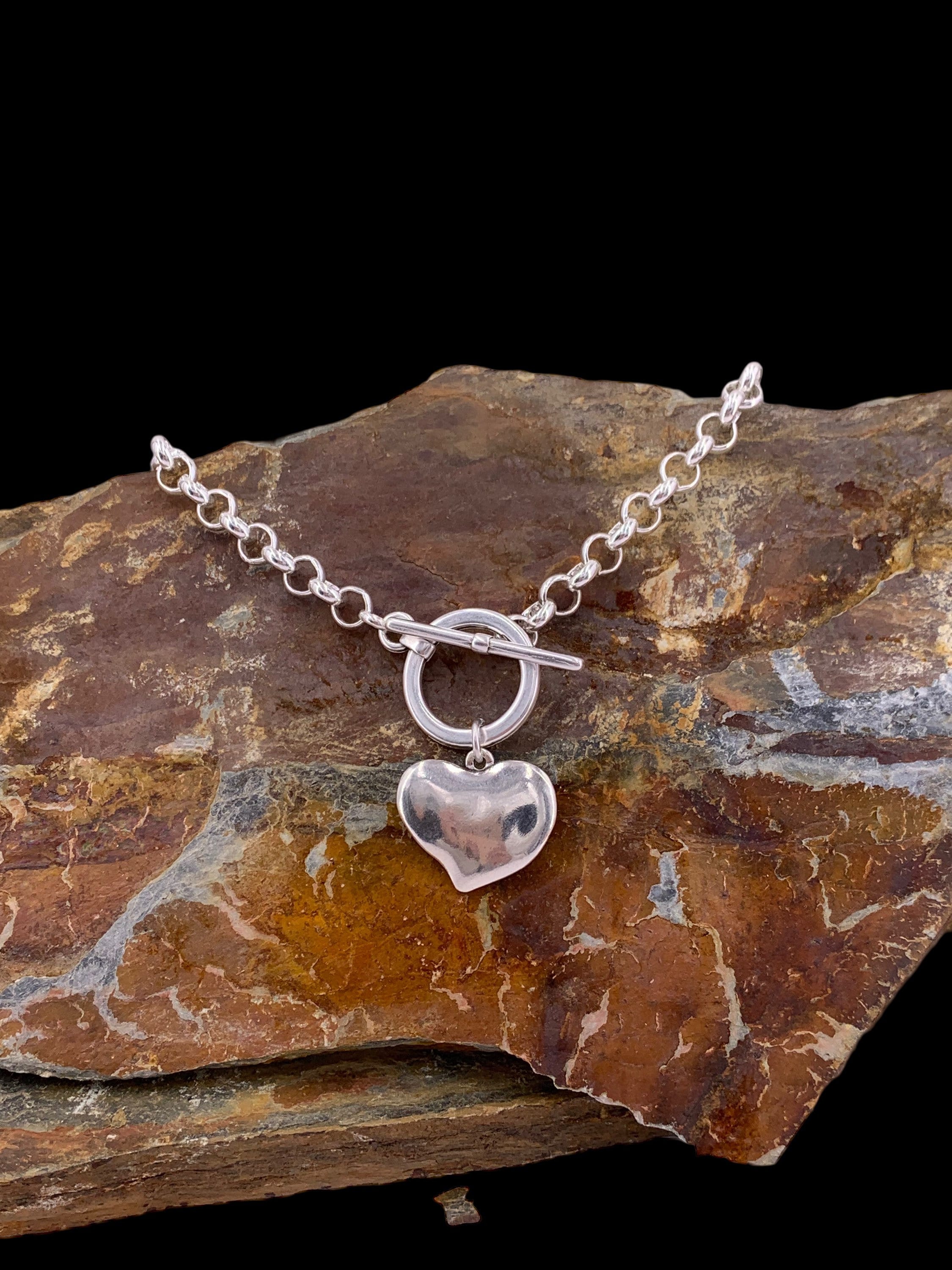 collar de plata grueso para mujer, collar de cadena de plata con cierre de palanca, gargantilla de corazón, collar de cadena rolo, collar de cierre T, colgante de corazón