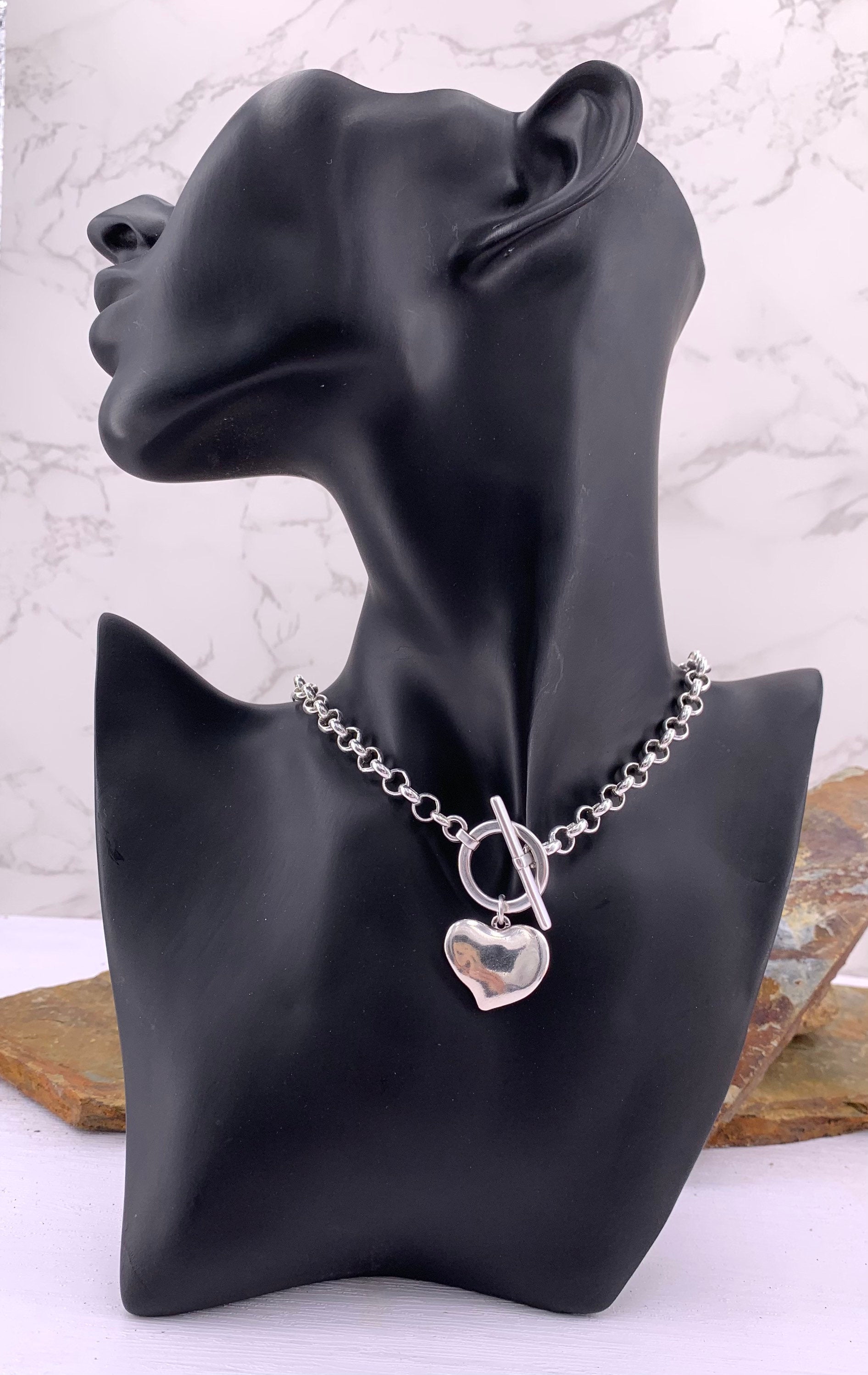 collar de plata grueso para mujer, collar de cadena de plata con cierre de palanca, gargantilla de corazón, collar de cadena rolo, collar de cierre T, colgante de corazón