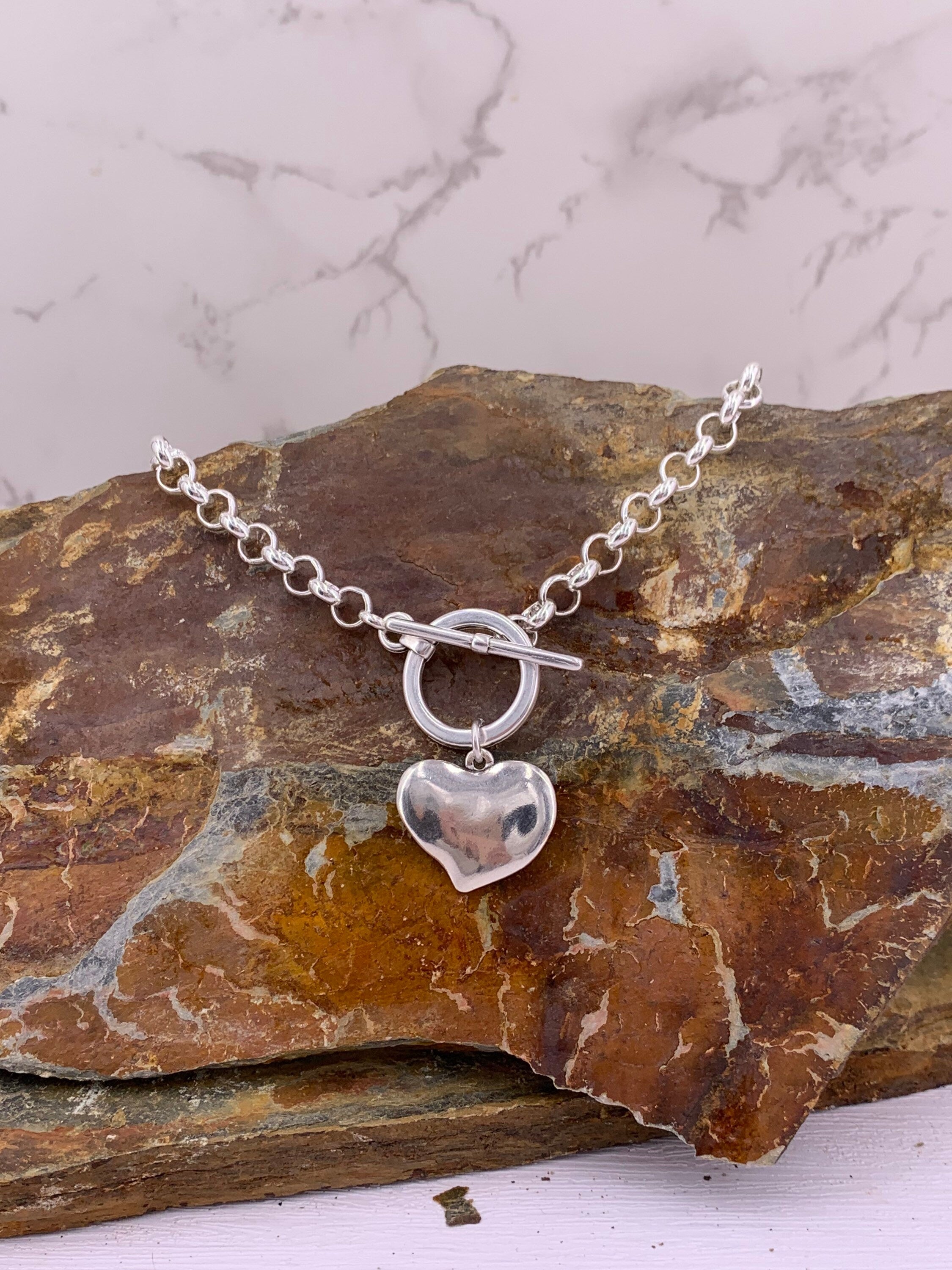 collar de plata grueso para mujer, collar de cadena de plata con cierre de palanca, gargantilla de corazón, collar de cadena rolo, collar de cierre T, colgante de corazón